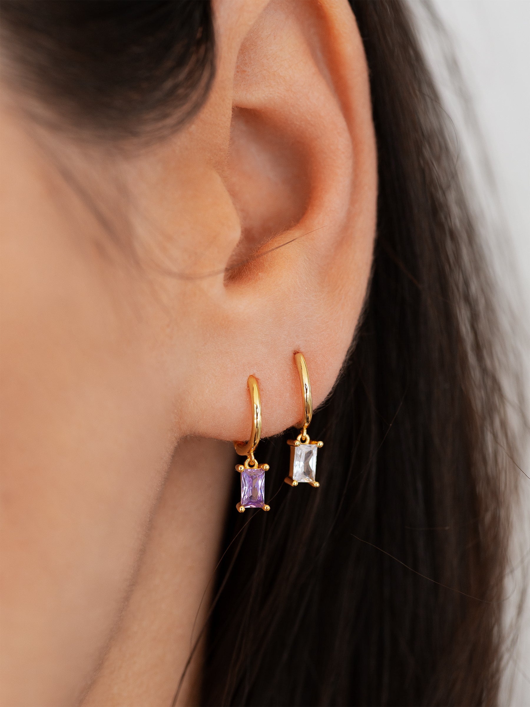 Dangle Baguette Huggie Hoops in Gold — Amethyst — alternate view