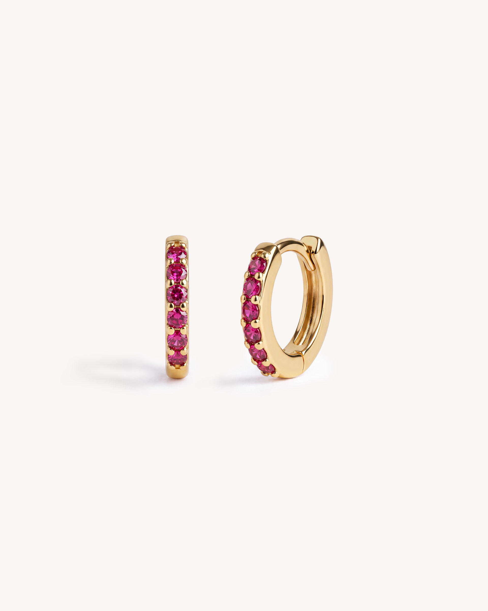 Mini Pave Huggie Hoops in Gold — Ruby Pink Stones