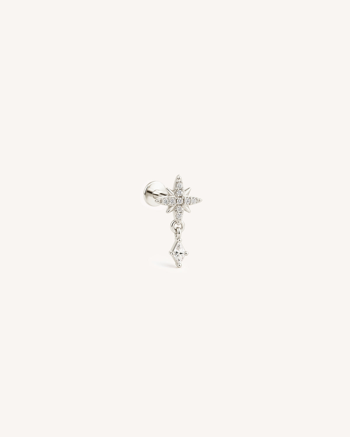 A 925 sterling silver dangle flatback earring featuring a starburst-shaped top set with clear crystals and a dangling diamond cz stone, shown against a solid white background.