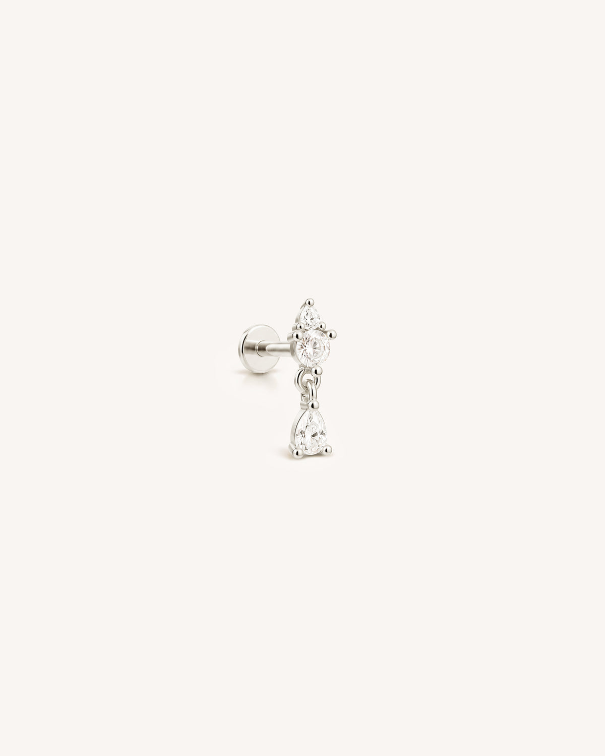 A 925 sterling silver flatback labret stud earring featuring a vertical arrangement of three clear, bezel-set triangular gemstones, shown against a plain white background.