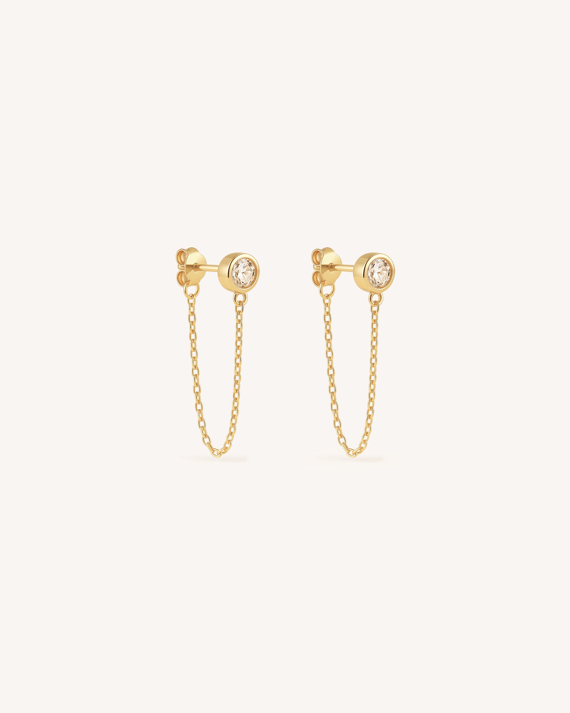 Solitaire Chain Stud Earrings in Gold