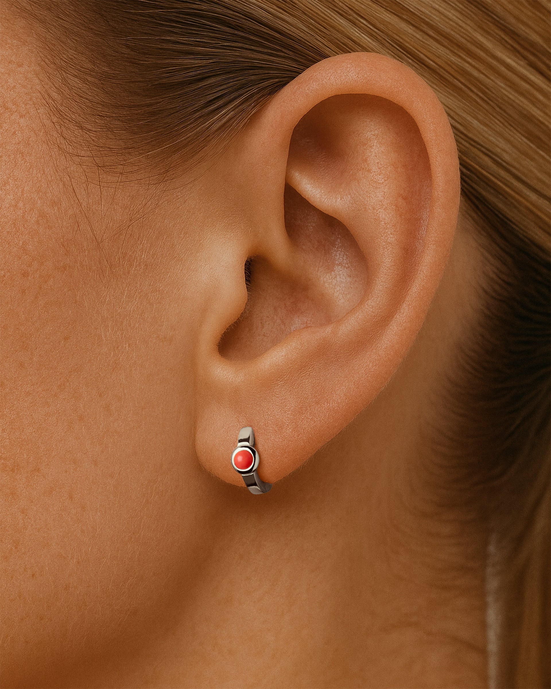 Coral Huggie Hoops in Silver — alternate view