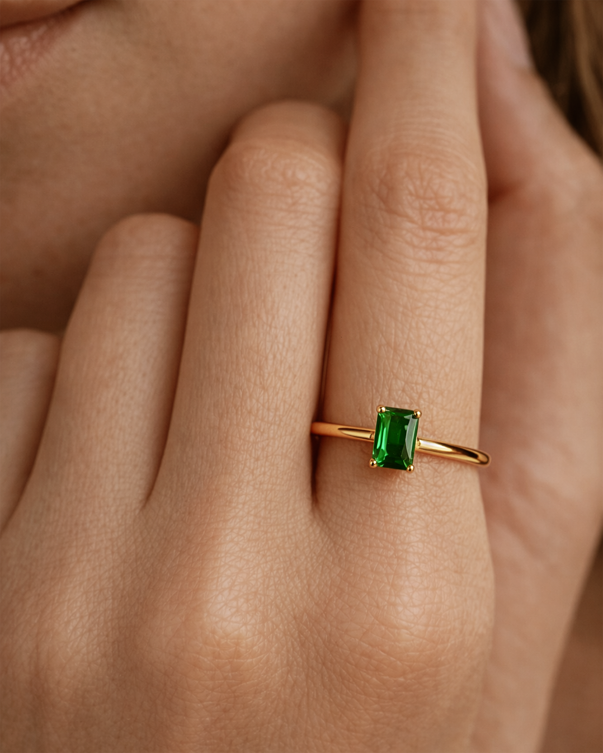 Solitaire Baguette Ring in Gold — Emerald — alternate view