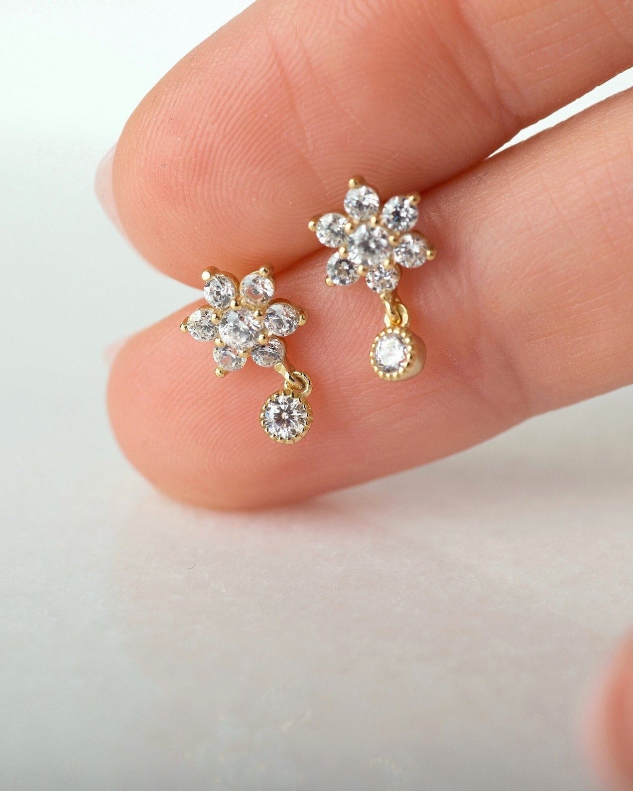 Flower Dangle Studs in Gold — alternate view