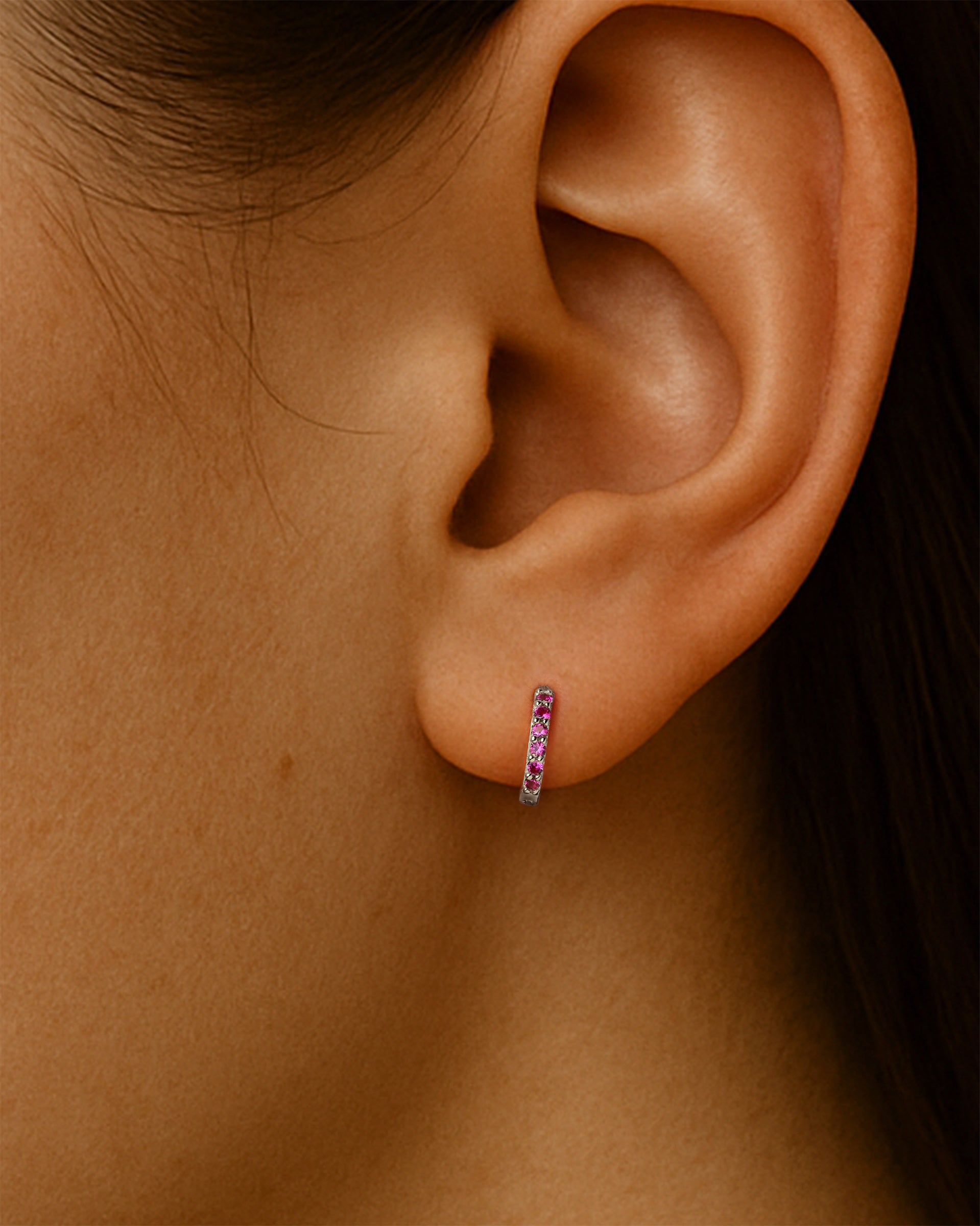 Mini Pave Huggie Hoops in Silver — Ruby — alternate view