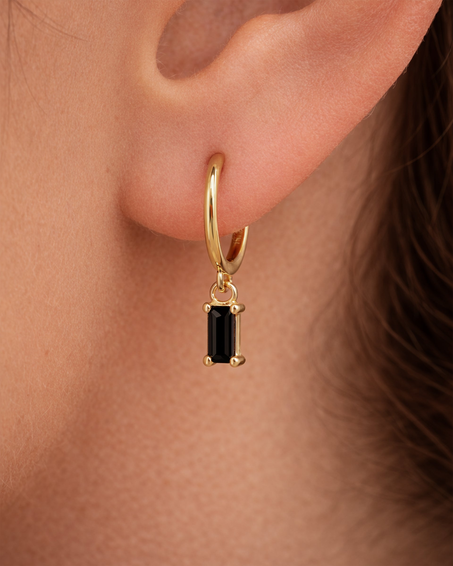 Dangle Baguette Huggie Hoops in Gold — Onyx — alternate view