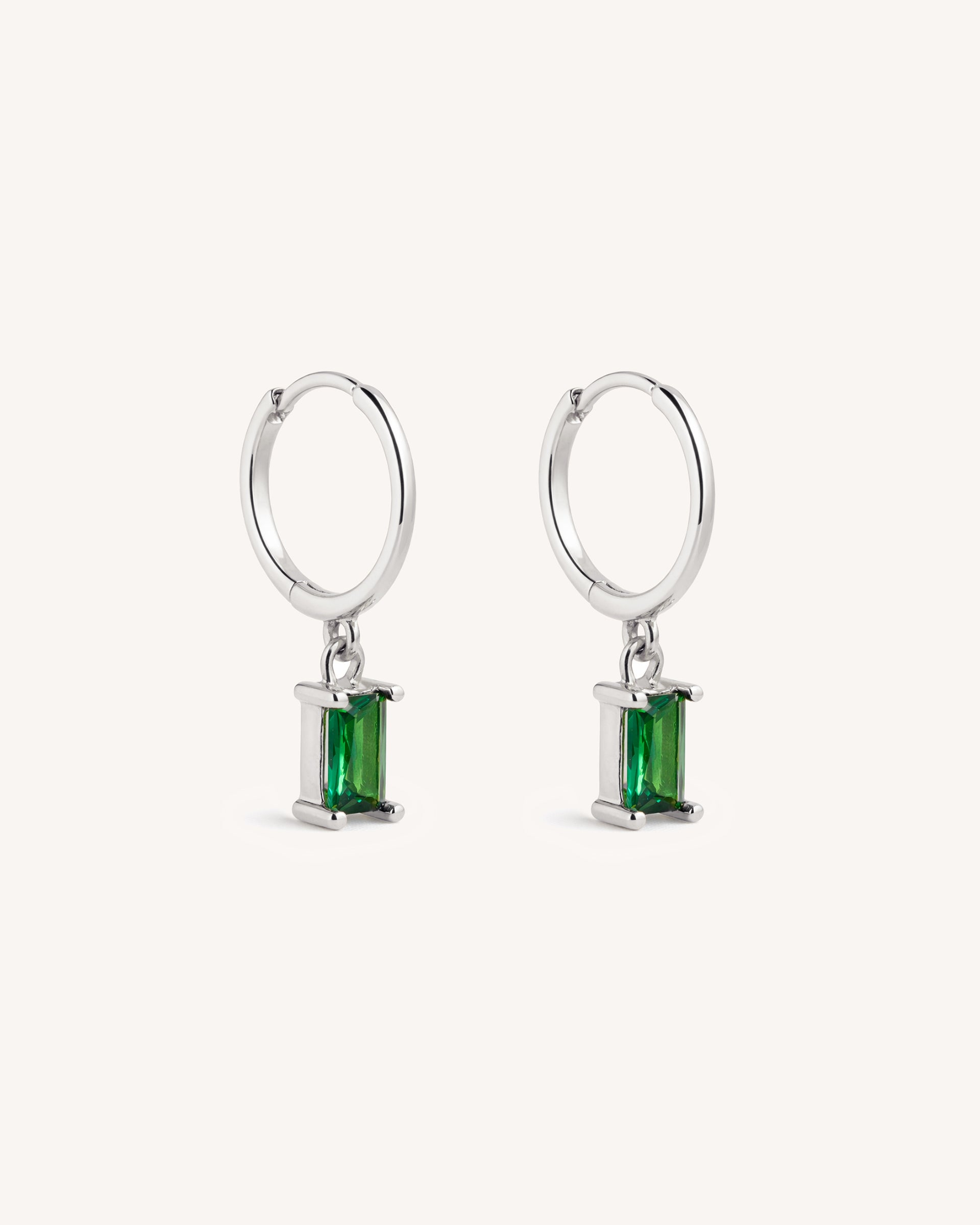 Dangle Baguette Huggie Hoops in Silver — Emerald