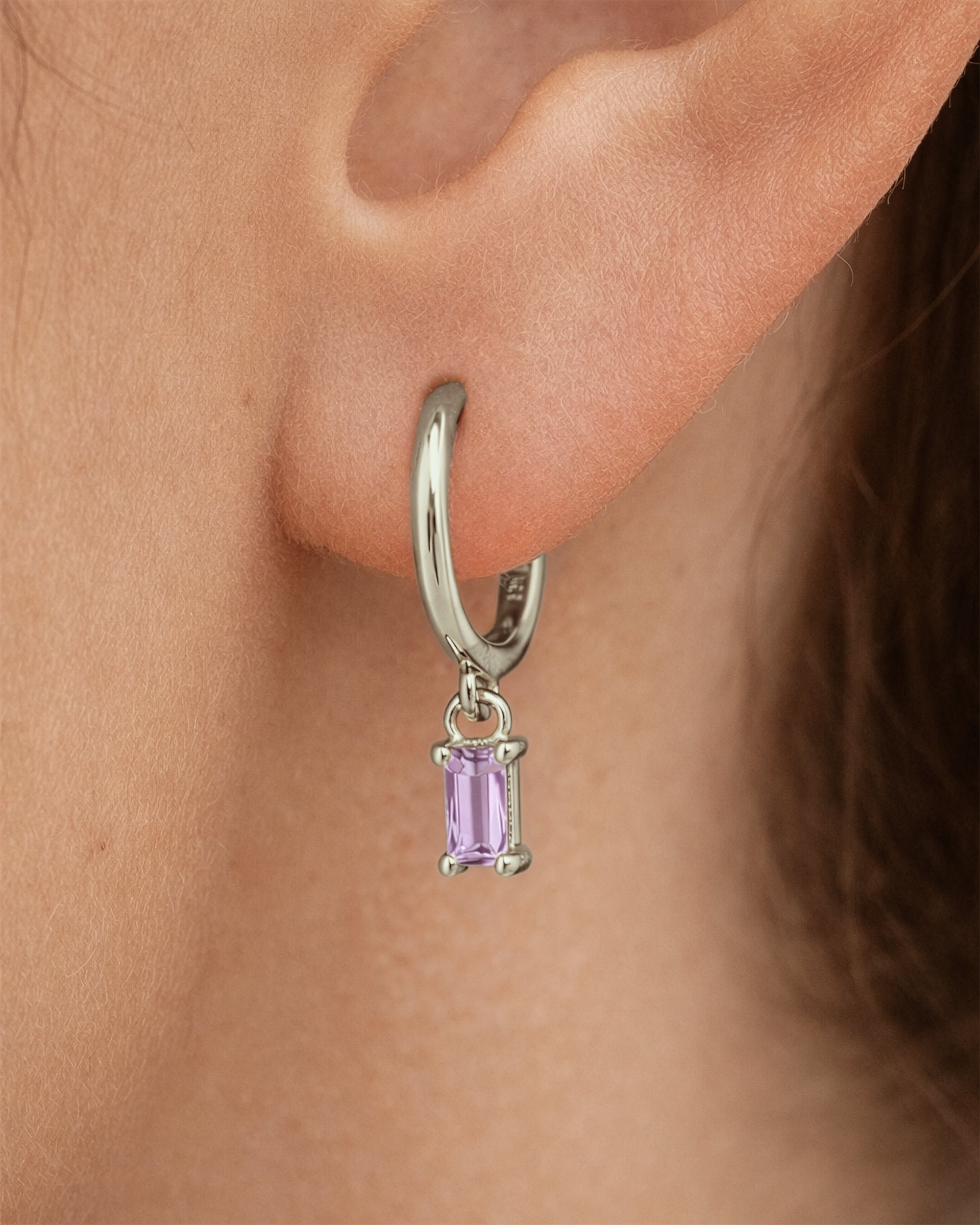 Dangle Baguette Huggie Hoops in Silver — Amethyst — alternate view