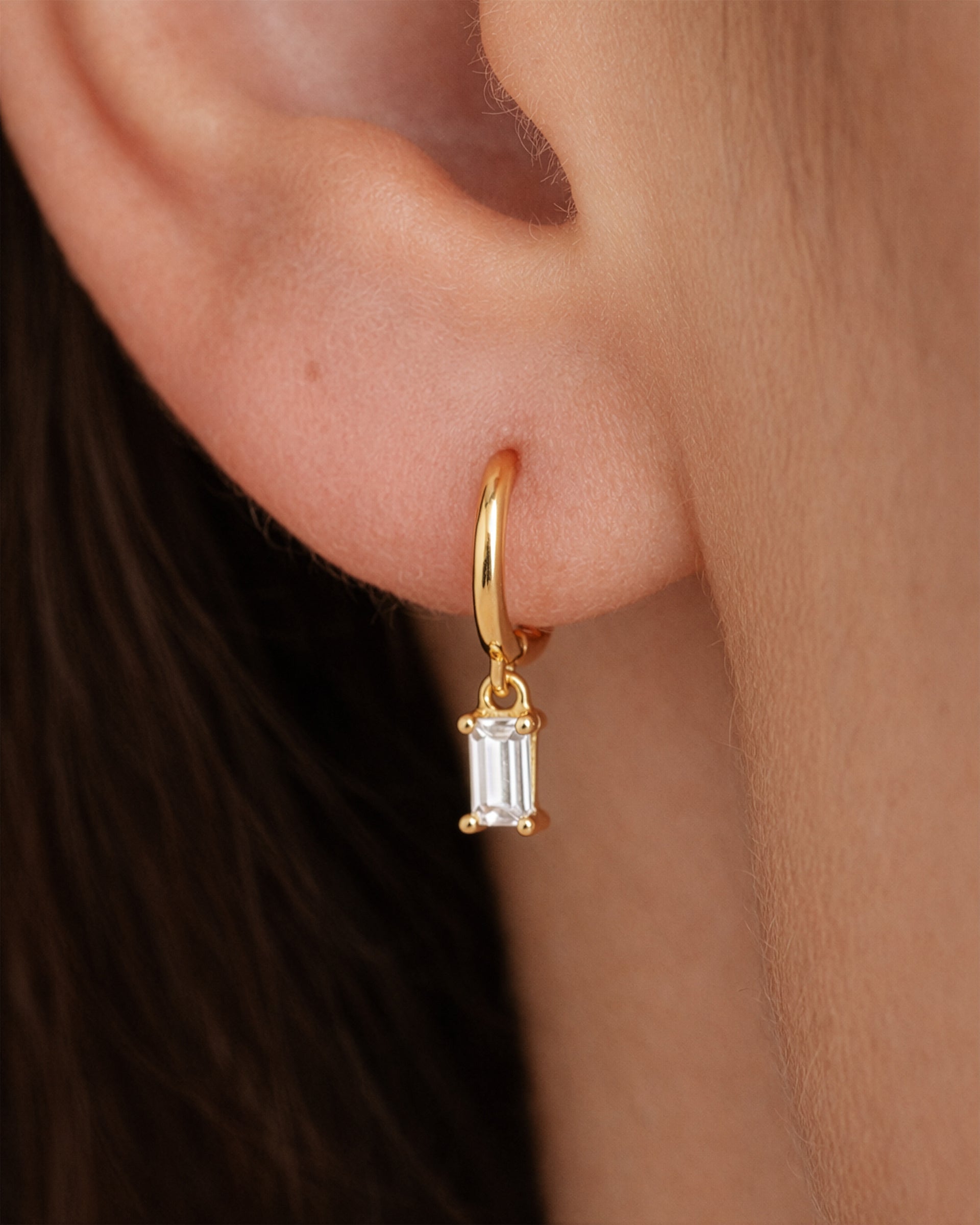 Dangle Baguette Huggie Hoops in Gold — Crystal — alternate view
