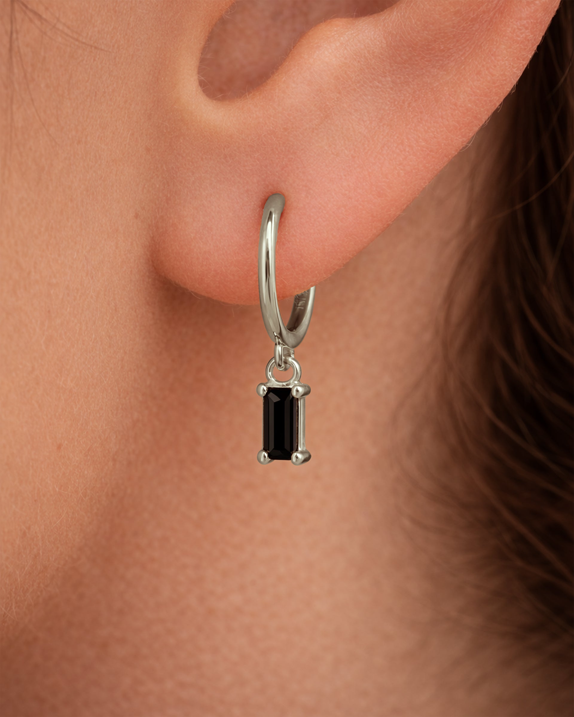 Dangle Baguette Huggie Hoops in Silver — Onyx — alternate view