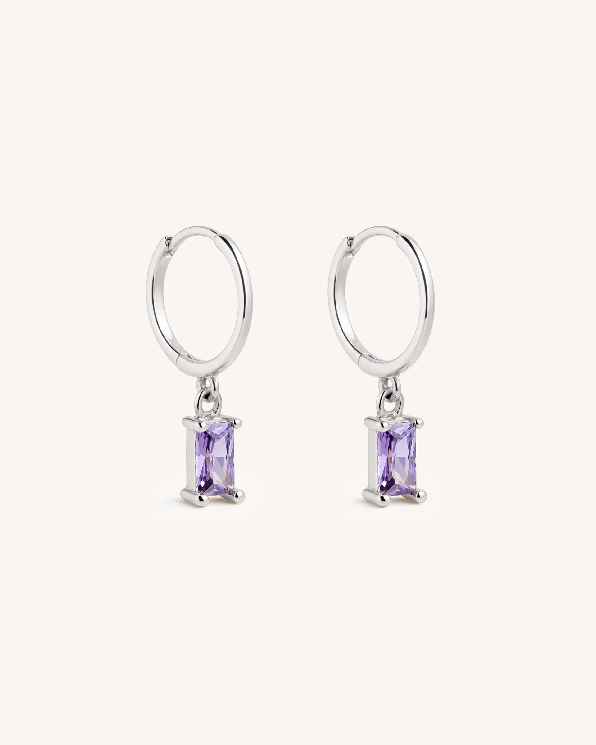 Dangle Baguette Huggie Hoops in Silver — Amethyst
