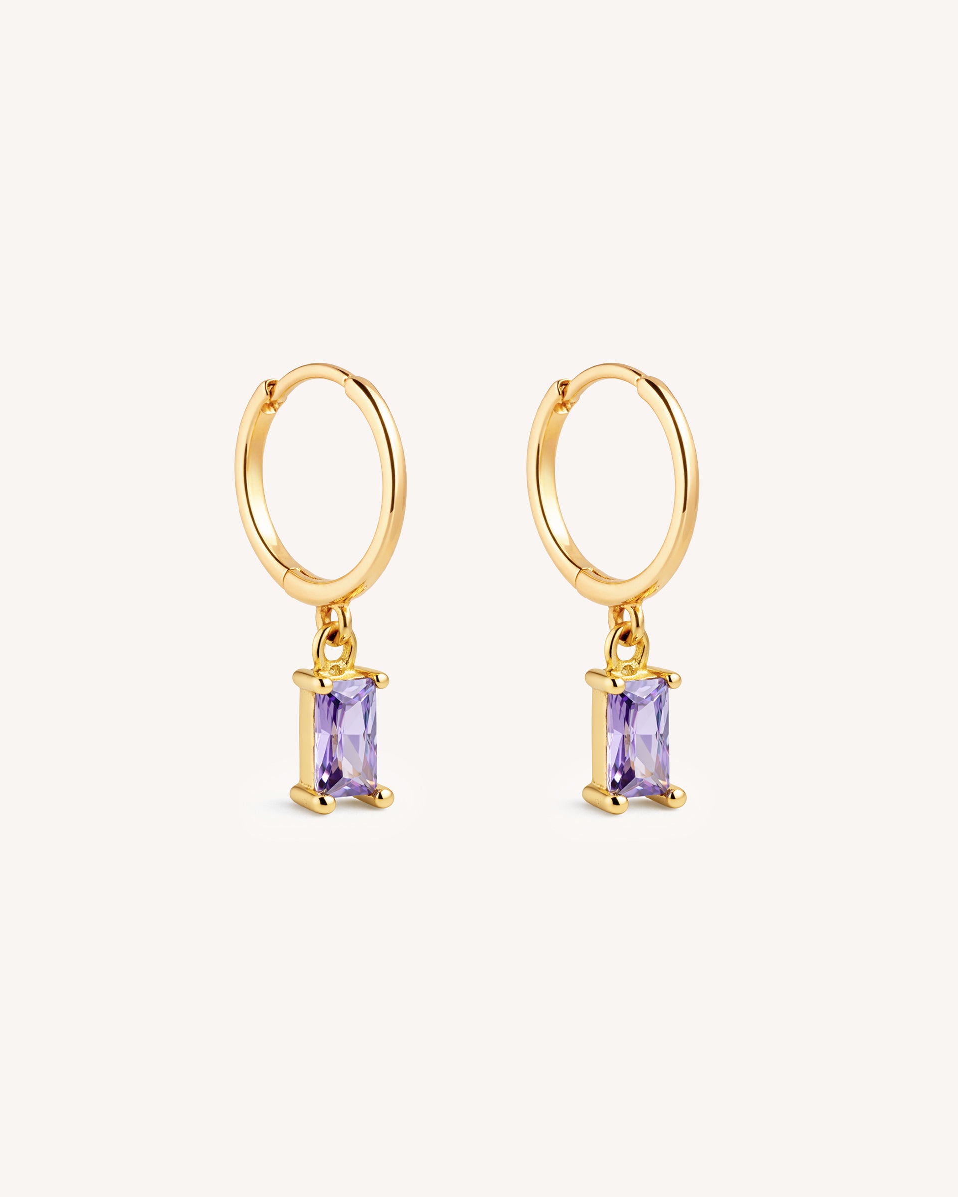 Dangle Baguette Huggie Hoops in Gold — Amethyst