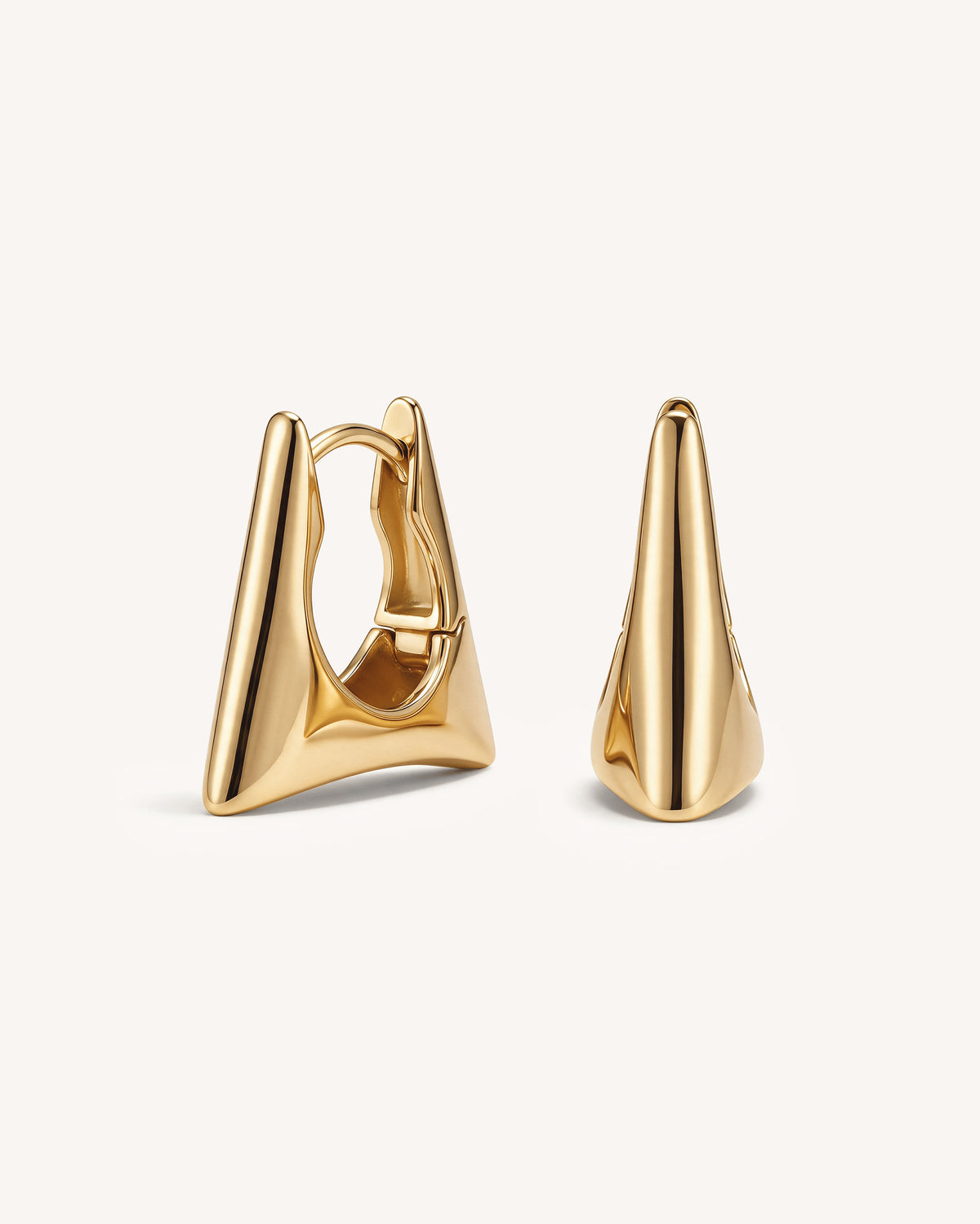 A pair of 18k gold plated geometric hoop earrings with a tapered, cone-like triangular design, shown on a clean off-white background.
