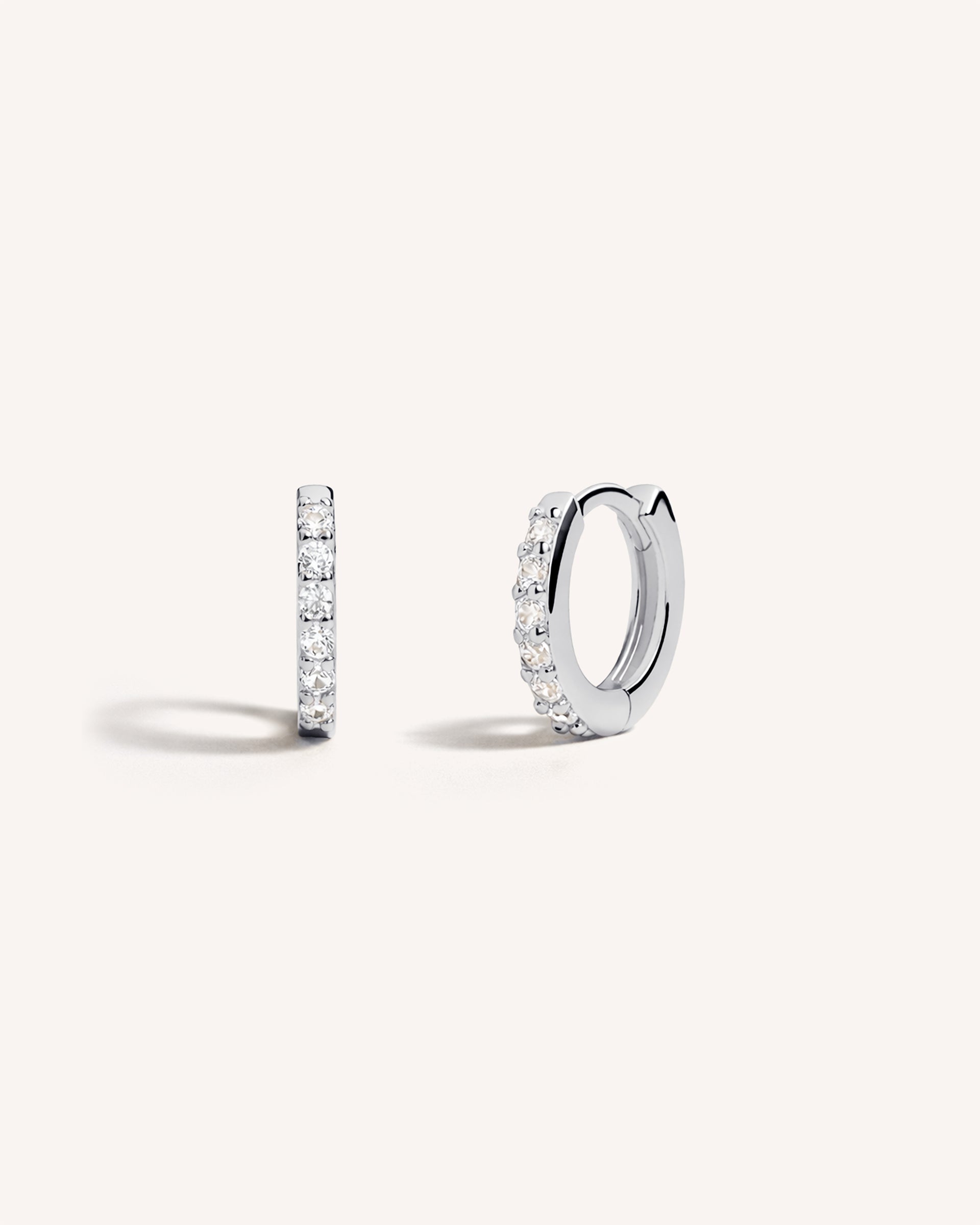 Classic Mini Pave Huggie Hoops in Silver — Crystal