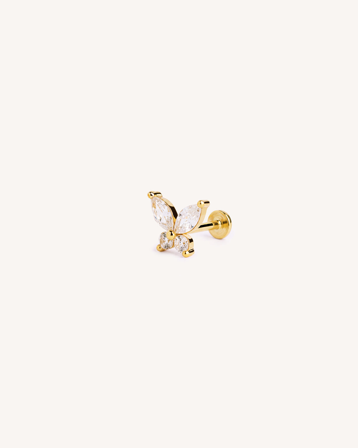 An 18k gold plated 925 sterling silver butterfly flatback labret stud earring featuring marquise-cut and round clear gemstones, shown on a plain off-white background.
