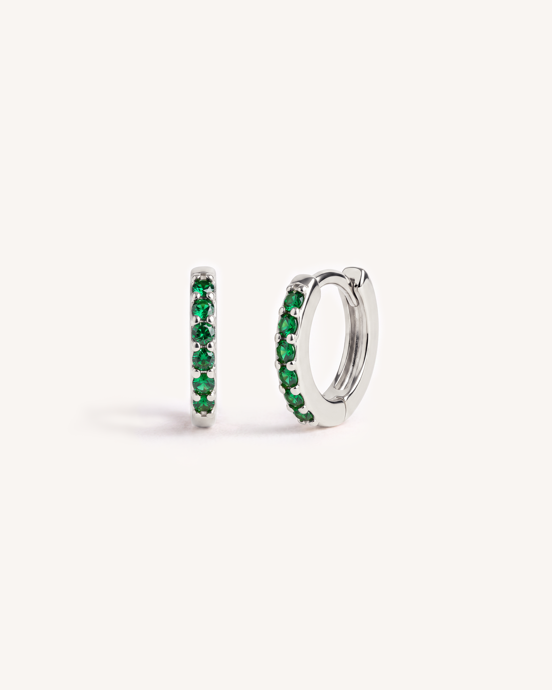 Mini Pave Huggie Hoops in Silver — Emerald Green