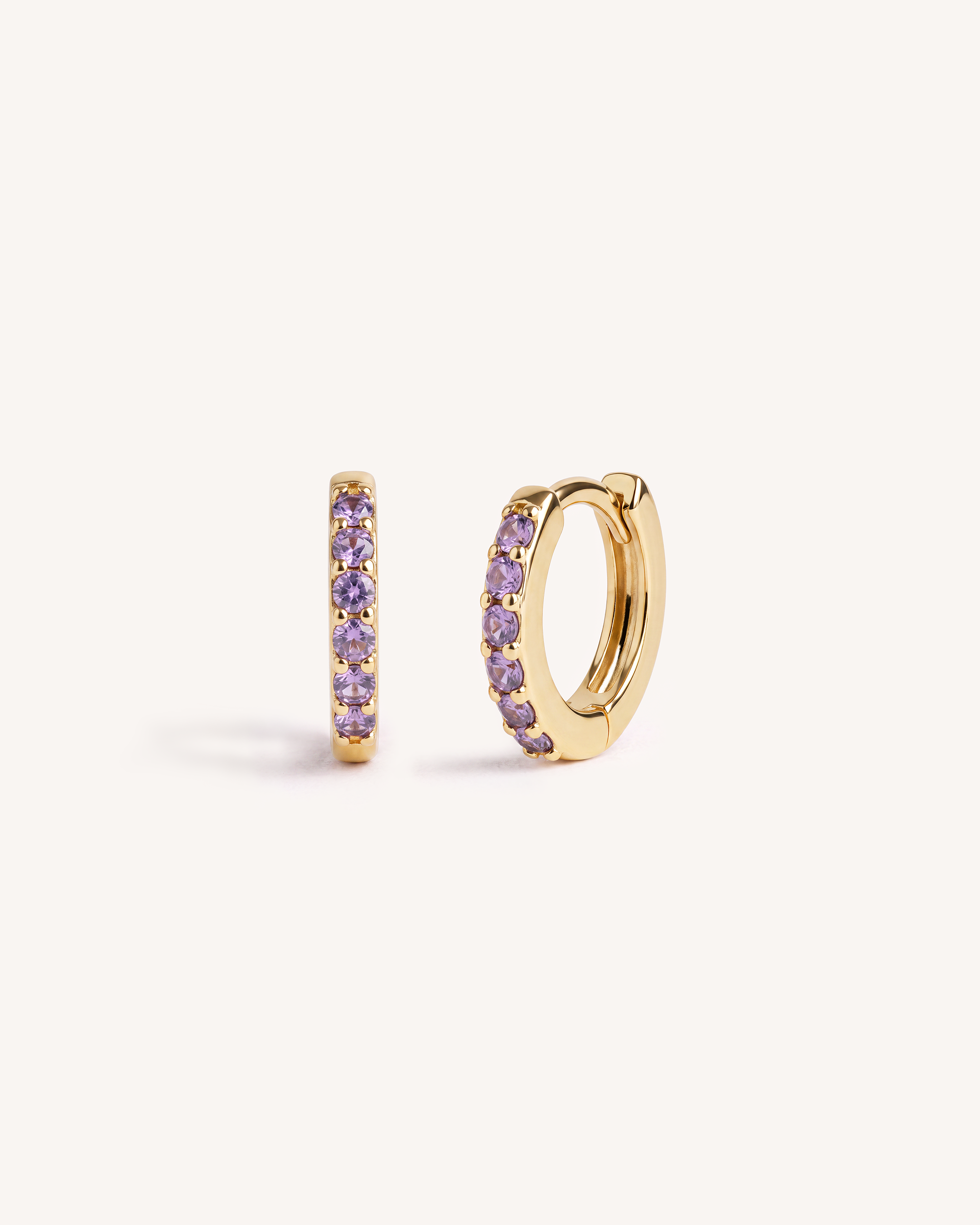 Mini Pave Huggie Hoops in Gold — Amethyst Lilac Stones
