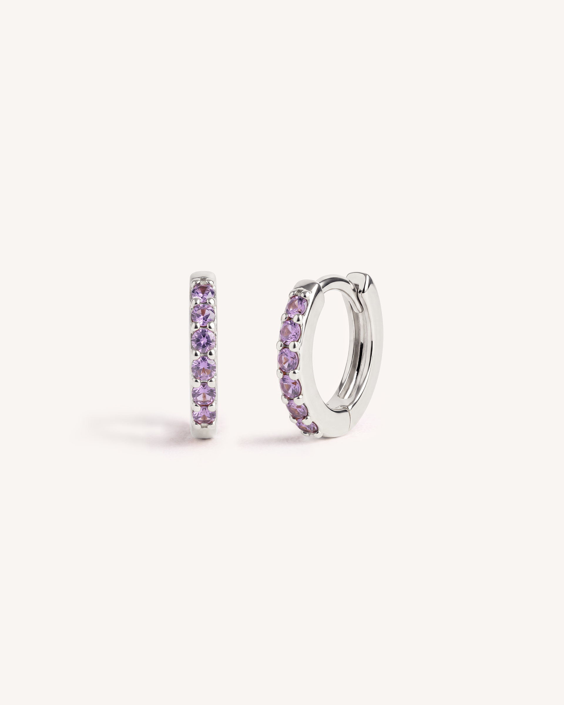 Mini Pave Huggie Hoops in Silver — Amethyst Lilac Purple Stones