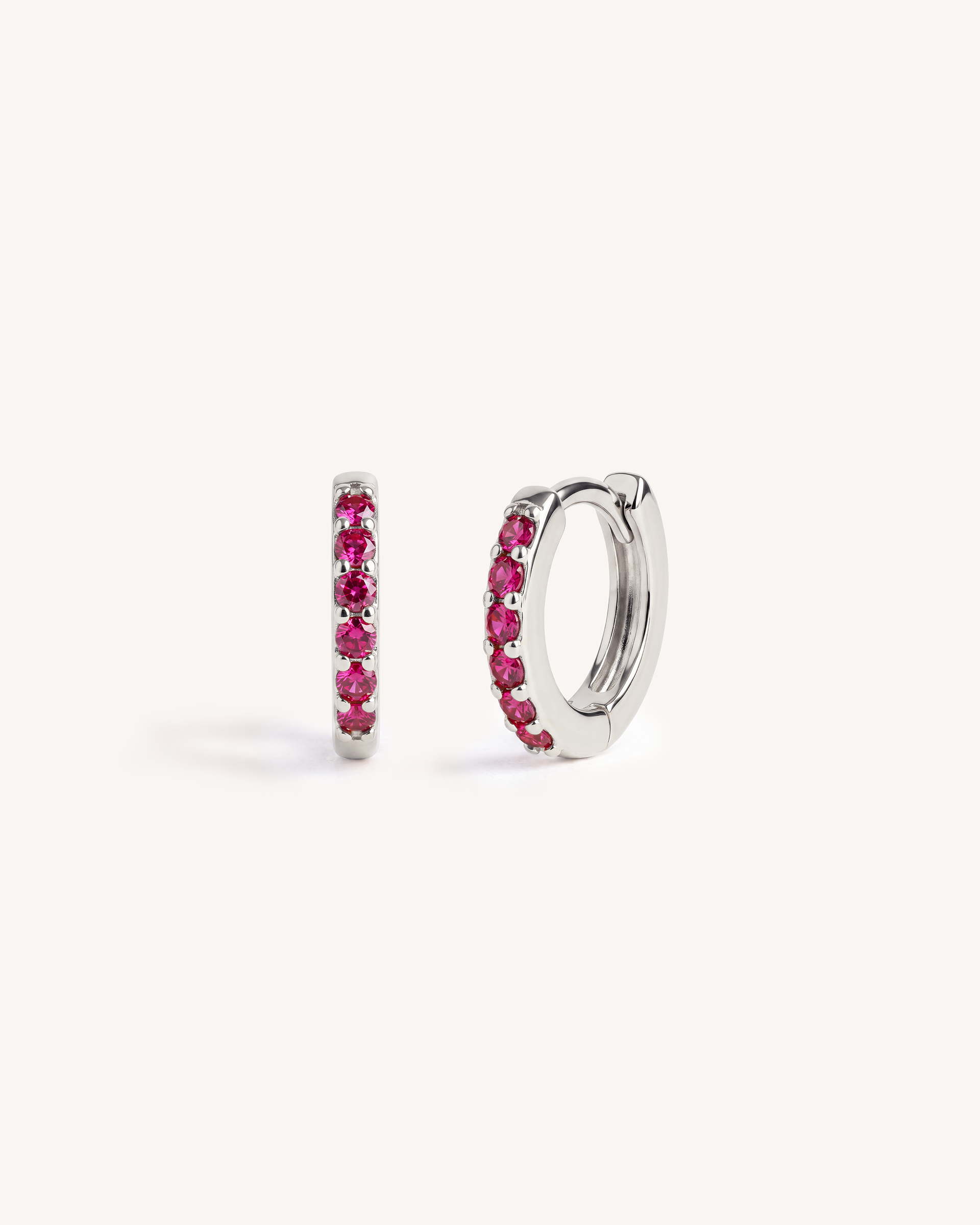 Mini Pave Huggie Hoops in Silver — Ruby Pink Stones