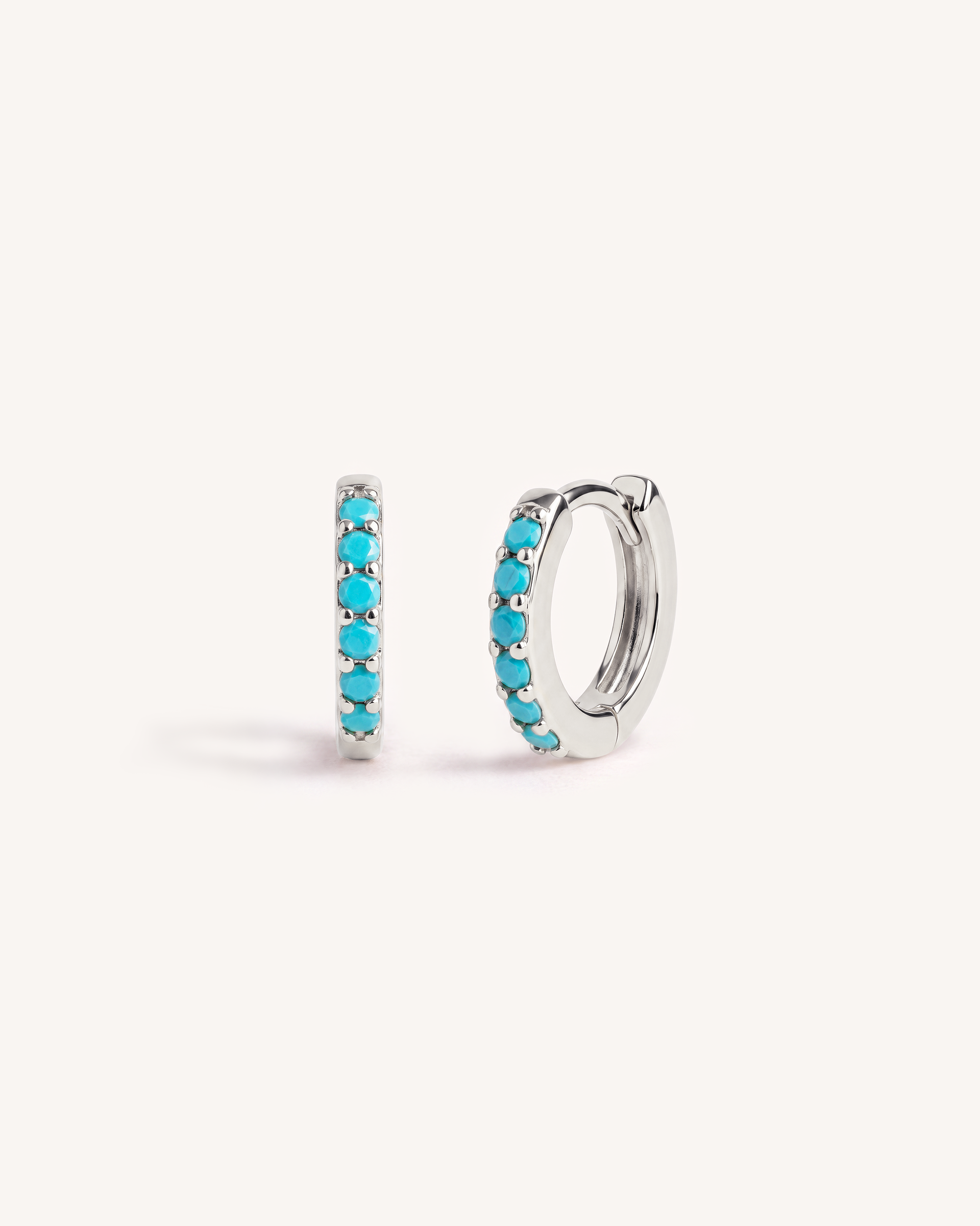 Mini Pave Huggie Hoops in Silver — Turquoise Stones