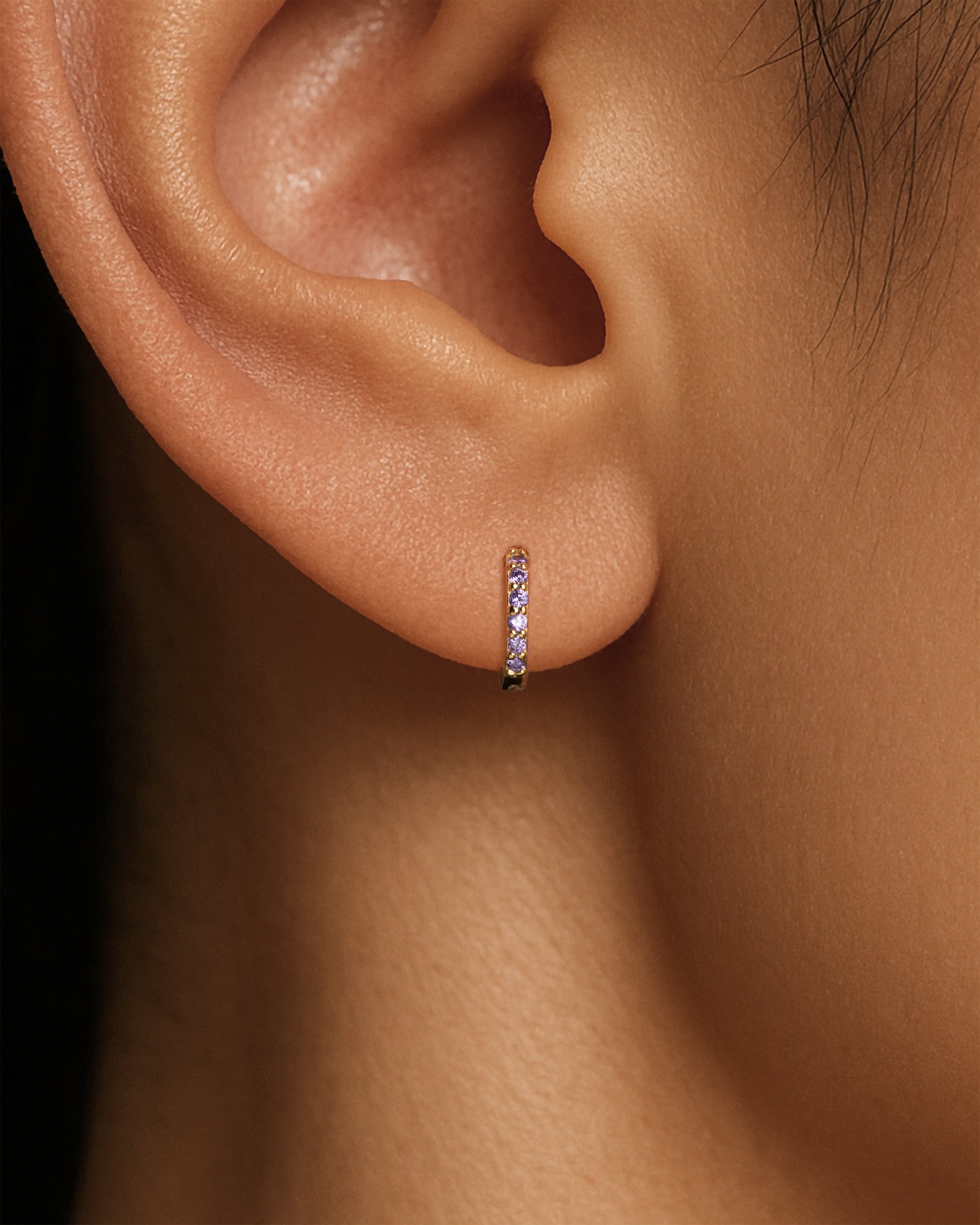 Mini Pave Huggie Hoops in Gold — Amethyst — alternate view
