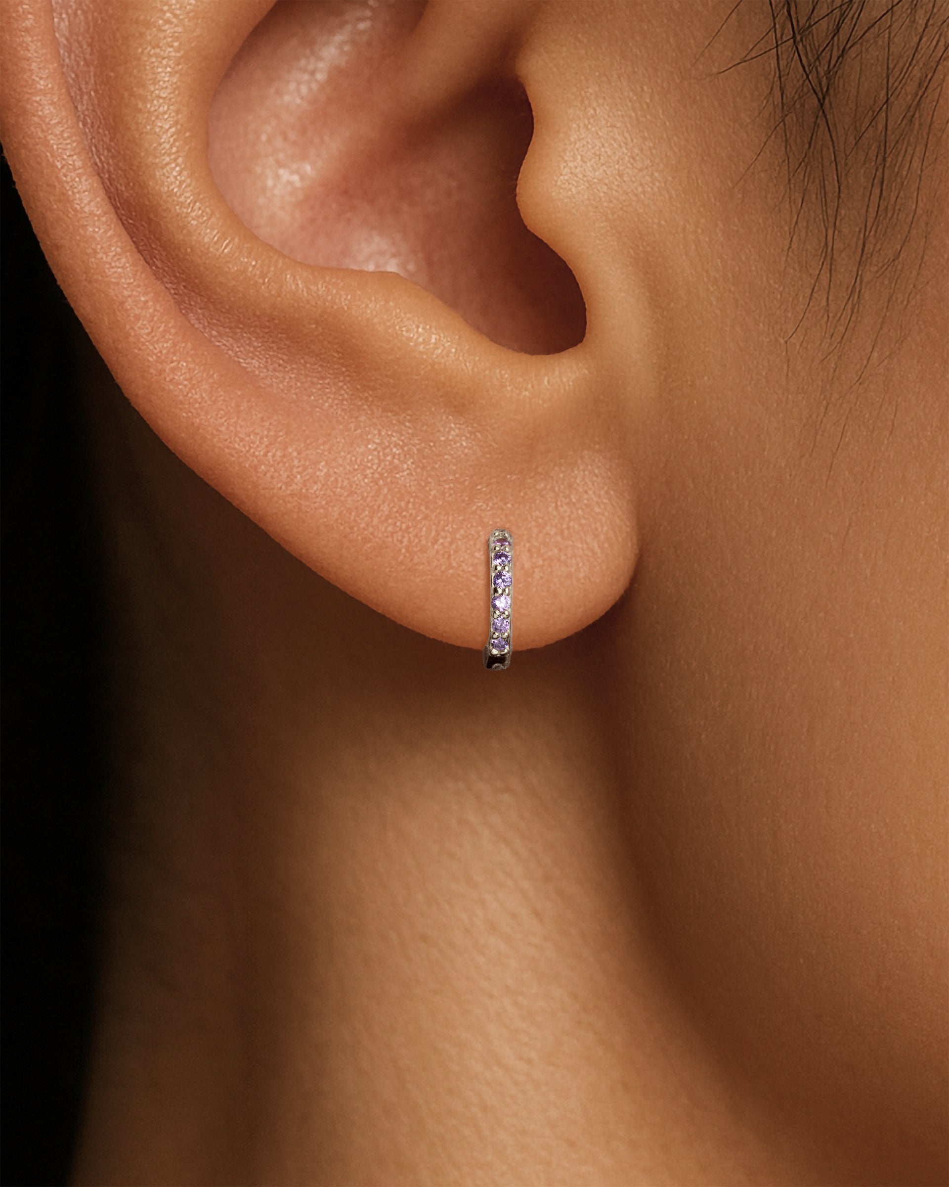Mini Pave Huggie Hoops in Silver — Amethyst — alternate view