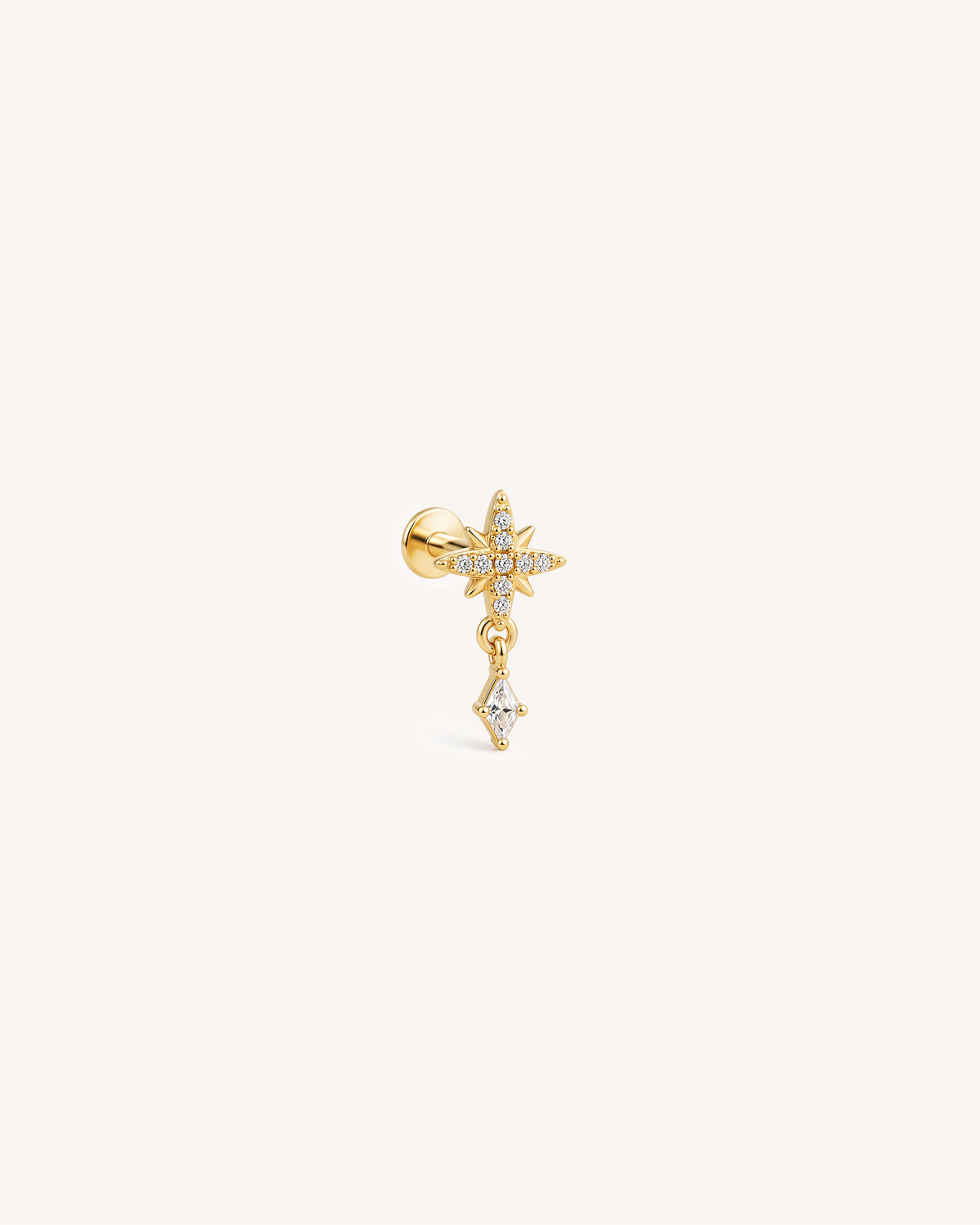 An 18k gold plated over sterling silver dangle flatback earring featuring a starburst-shaped top set with clear crystals and a dangling diamond cz stone, shown against a solid white background.