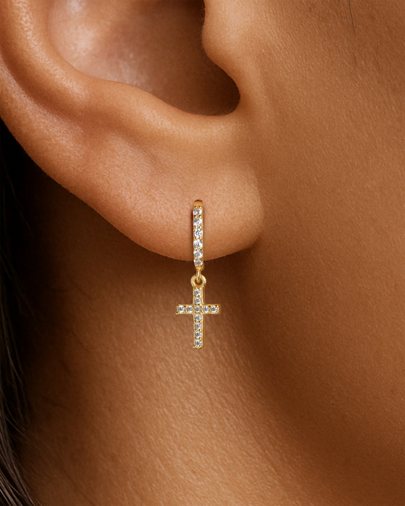 Tiny Cross Pave Dangle Huggie Hoops