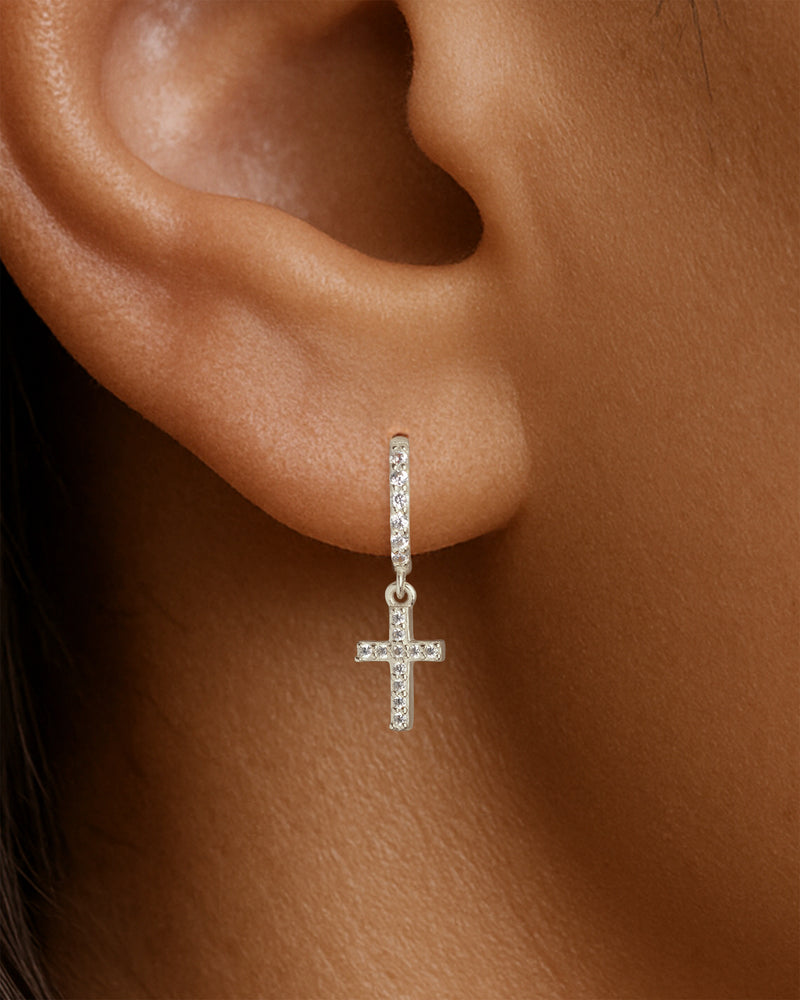 Tiny Cross Pave Dangle Huggie Hoops