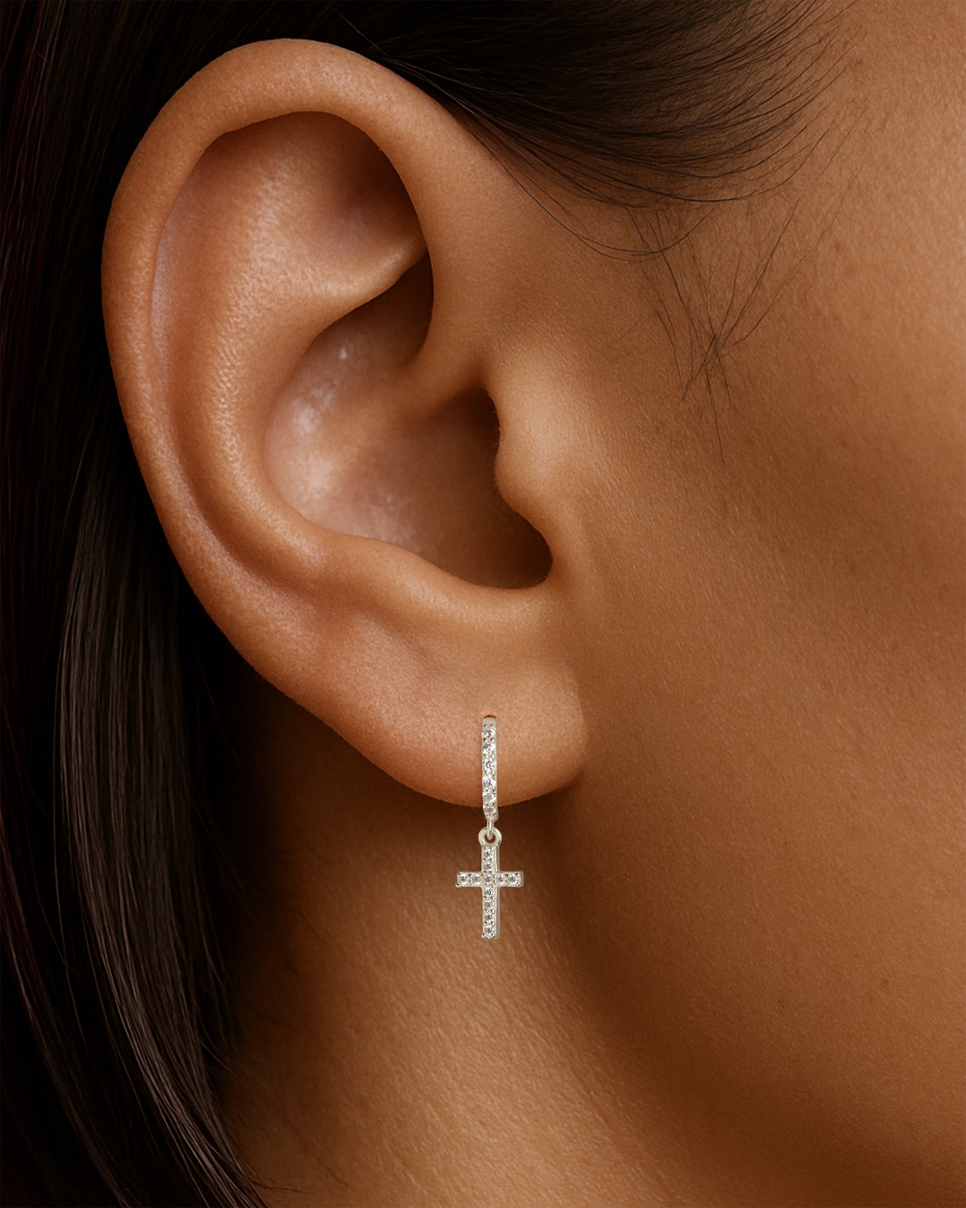 Tiny Cross Pave Dangle Huggie Hoops in Silver — alternate view