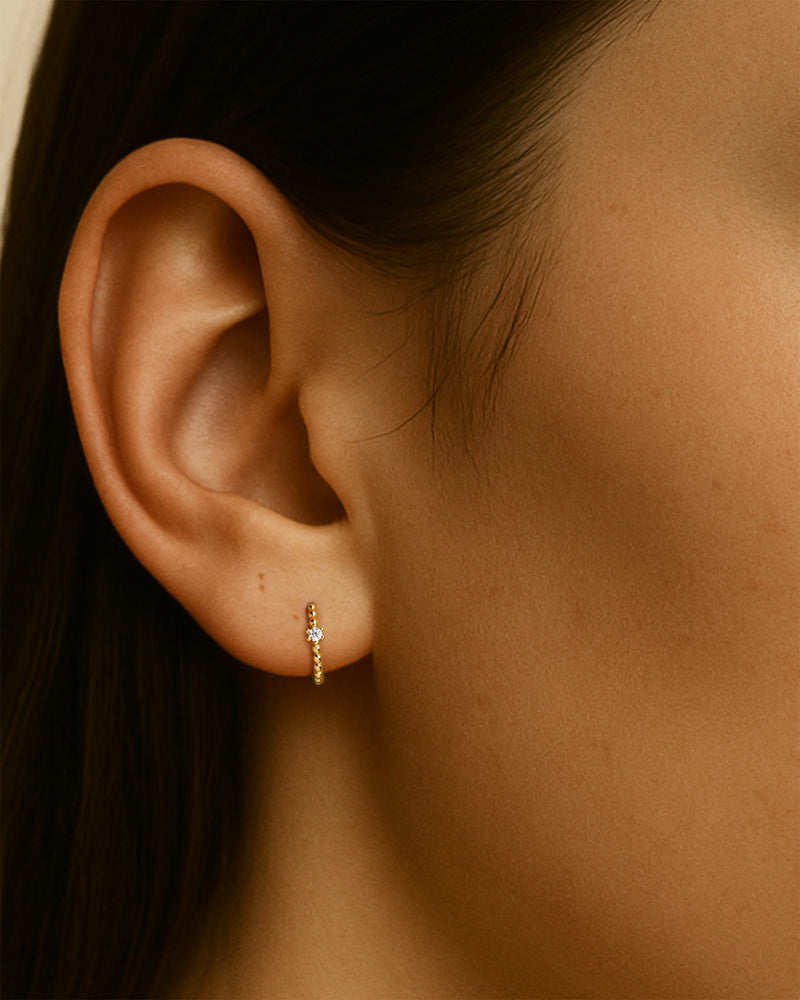 Beaded Solitaire Huggie Hoops