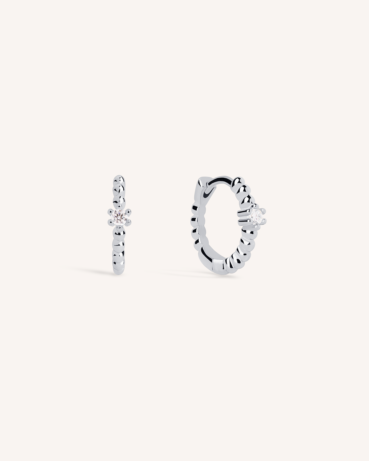 Beaded Solitaire Huggie Hoops in Silver