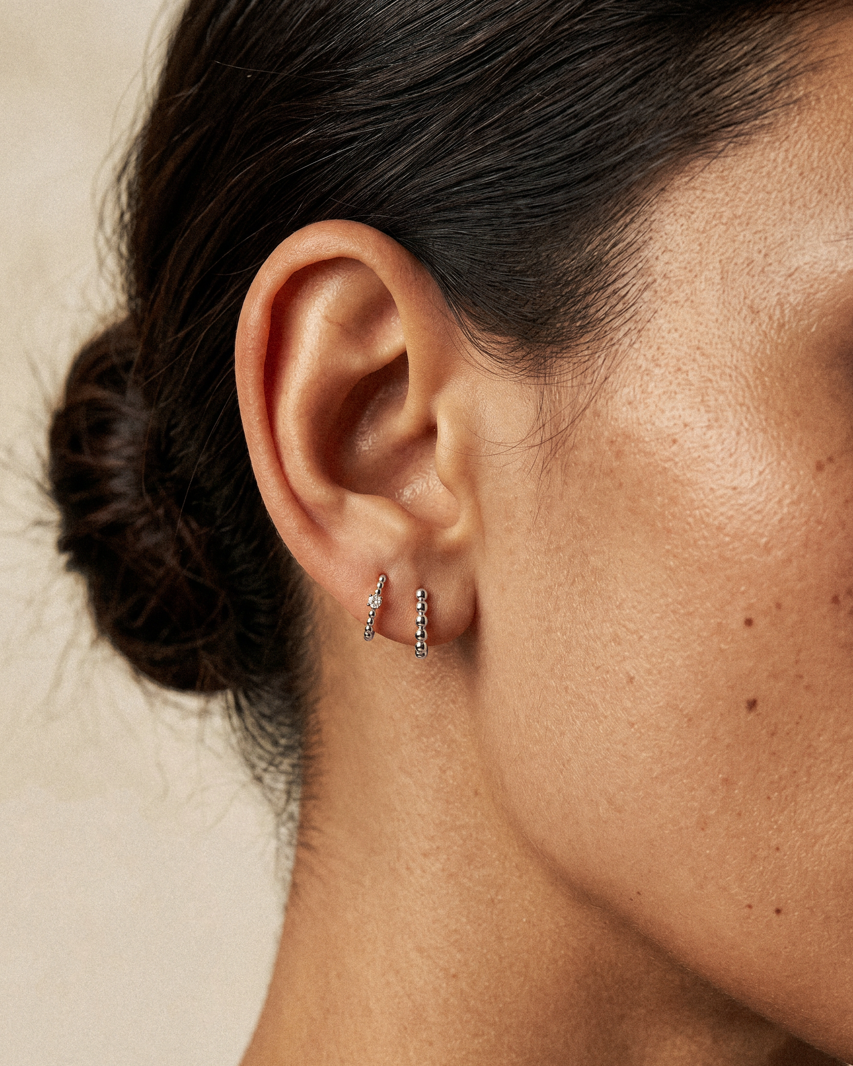 Beaded Solitaire Huggie Hoops in Silver — alternate view