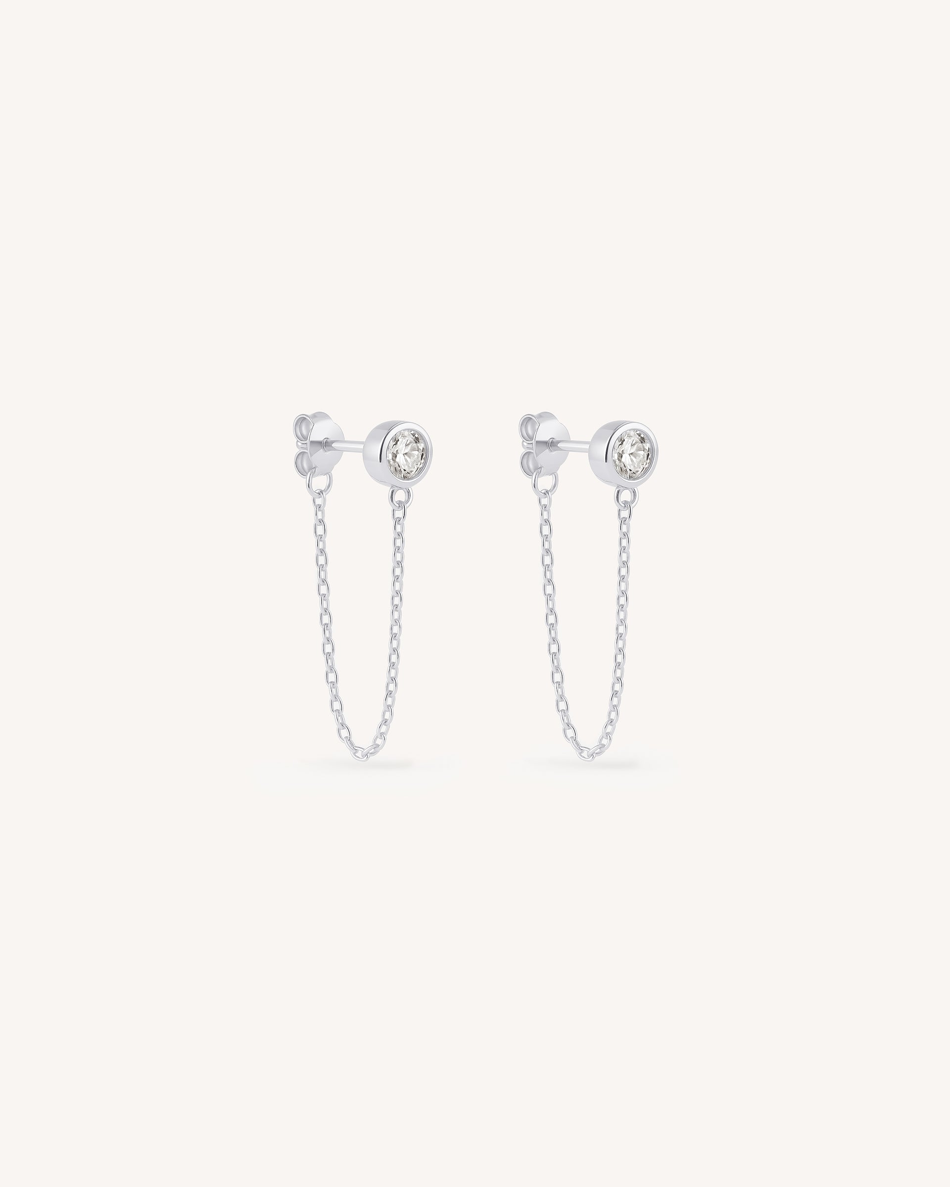 Solitaire Chain Stud Earrings in Silver