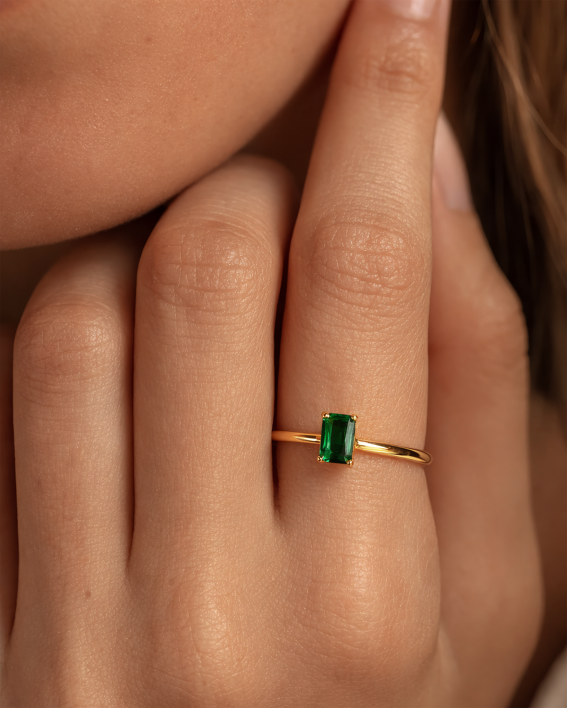 Solitaire Baguette Ring in Gold — Emerald — alternate view