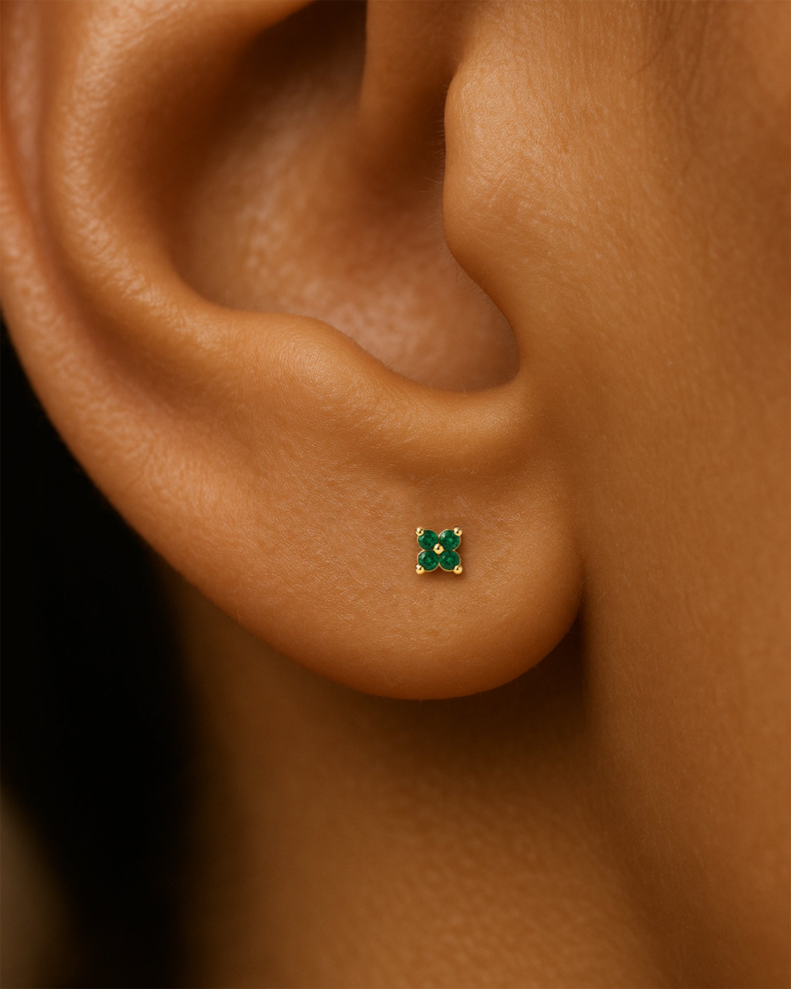 Flower Barbell Stud in Gold — Emerald — alternate view