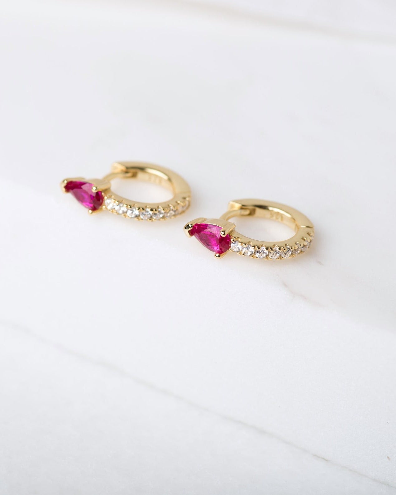 Teardrop Pave Huggie Hoops in Gold — Ruby — alternate view