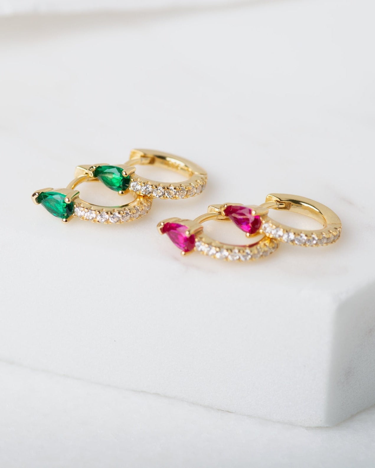Teardrop Pave Huggie Hoops in Gold — Ruby — alternate view