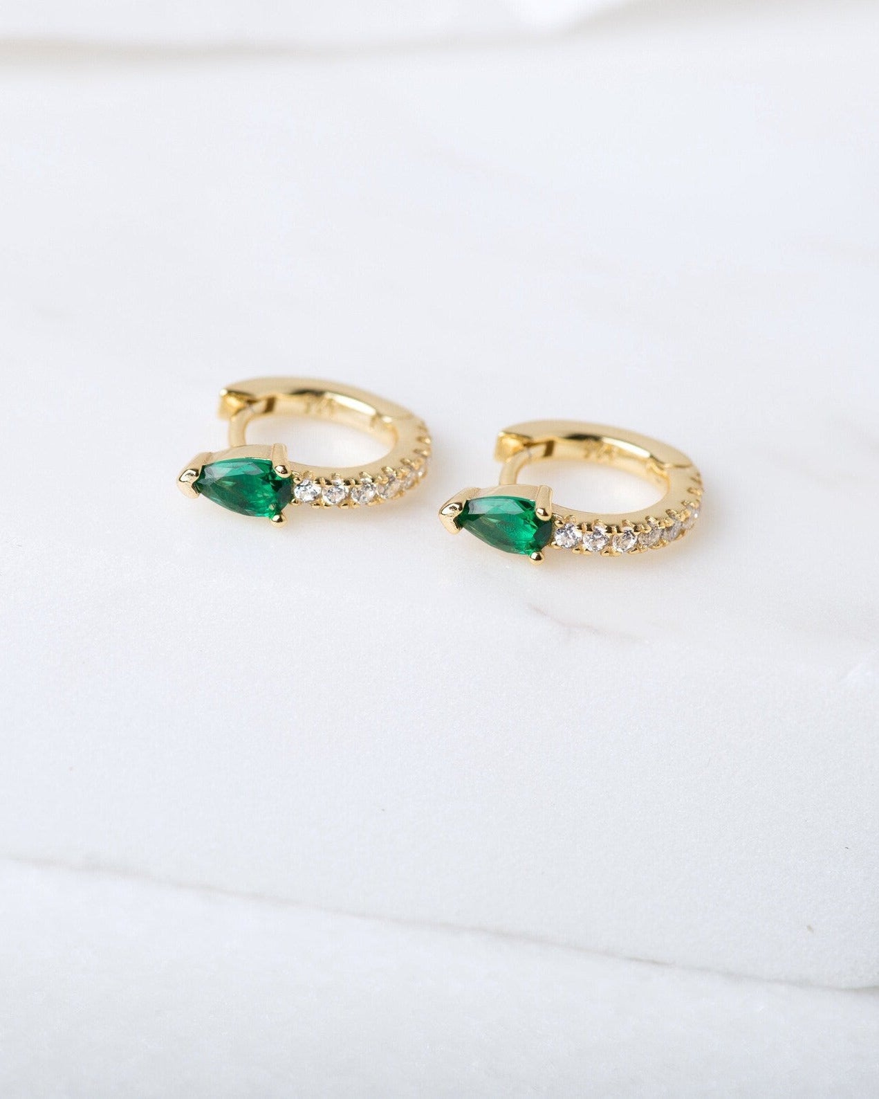 Teardrop Pave Huggie Hoops in Gold — Emerald — alternate view