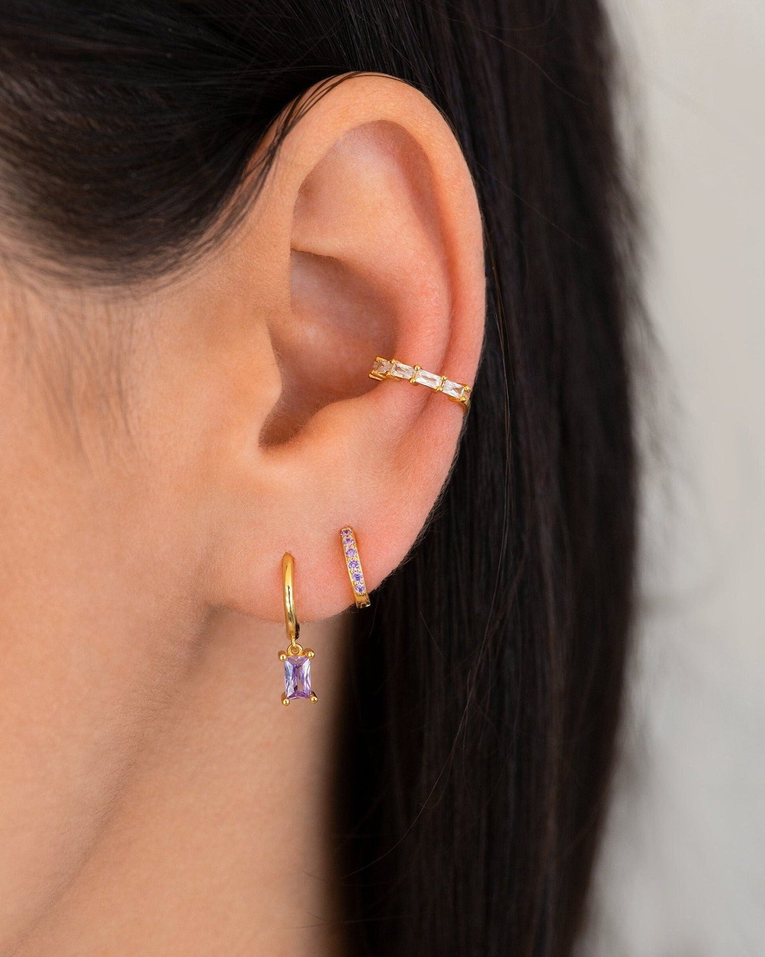 Mini Pave Huggie Hoops in Gold — Amethyst — alternate view