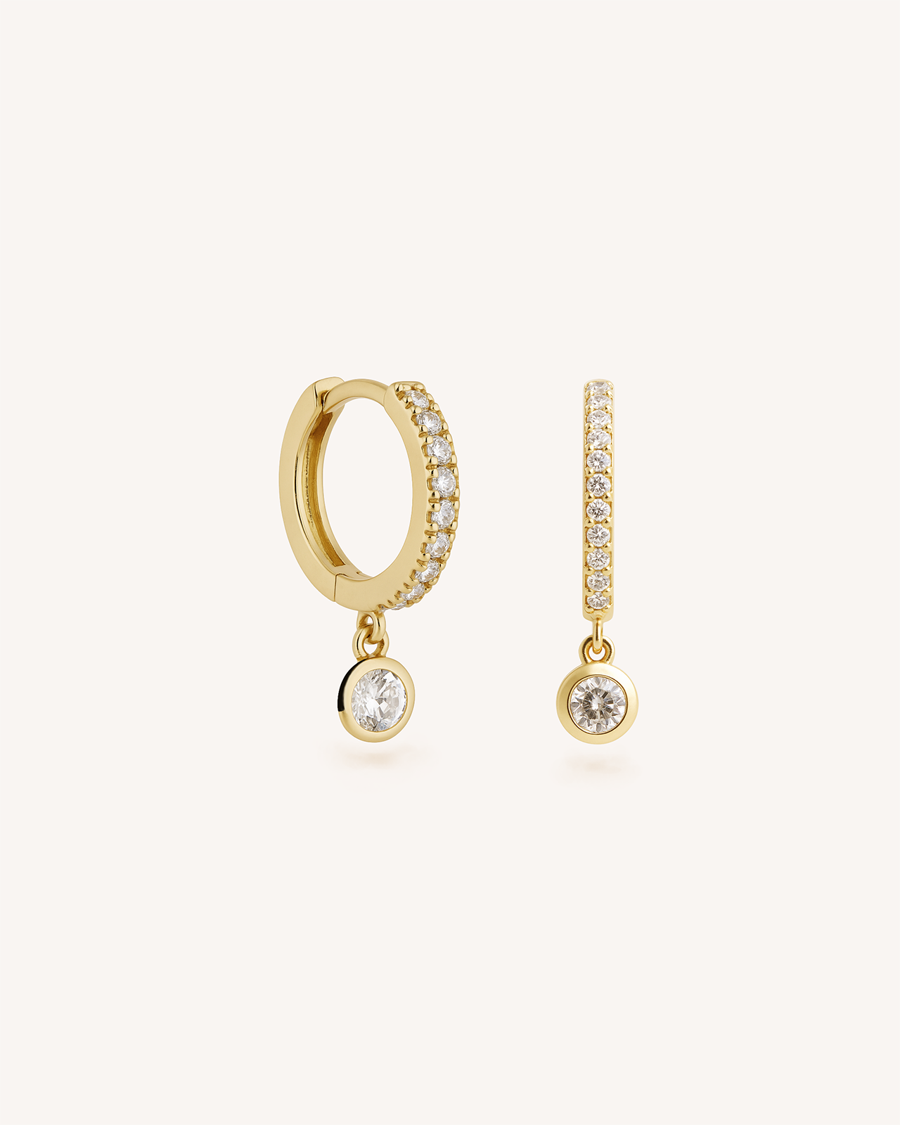 Solitaire Pave Dangle Huggie Hoops in Gold