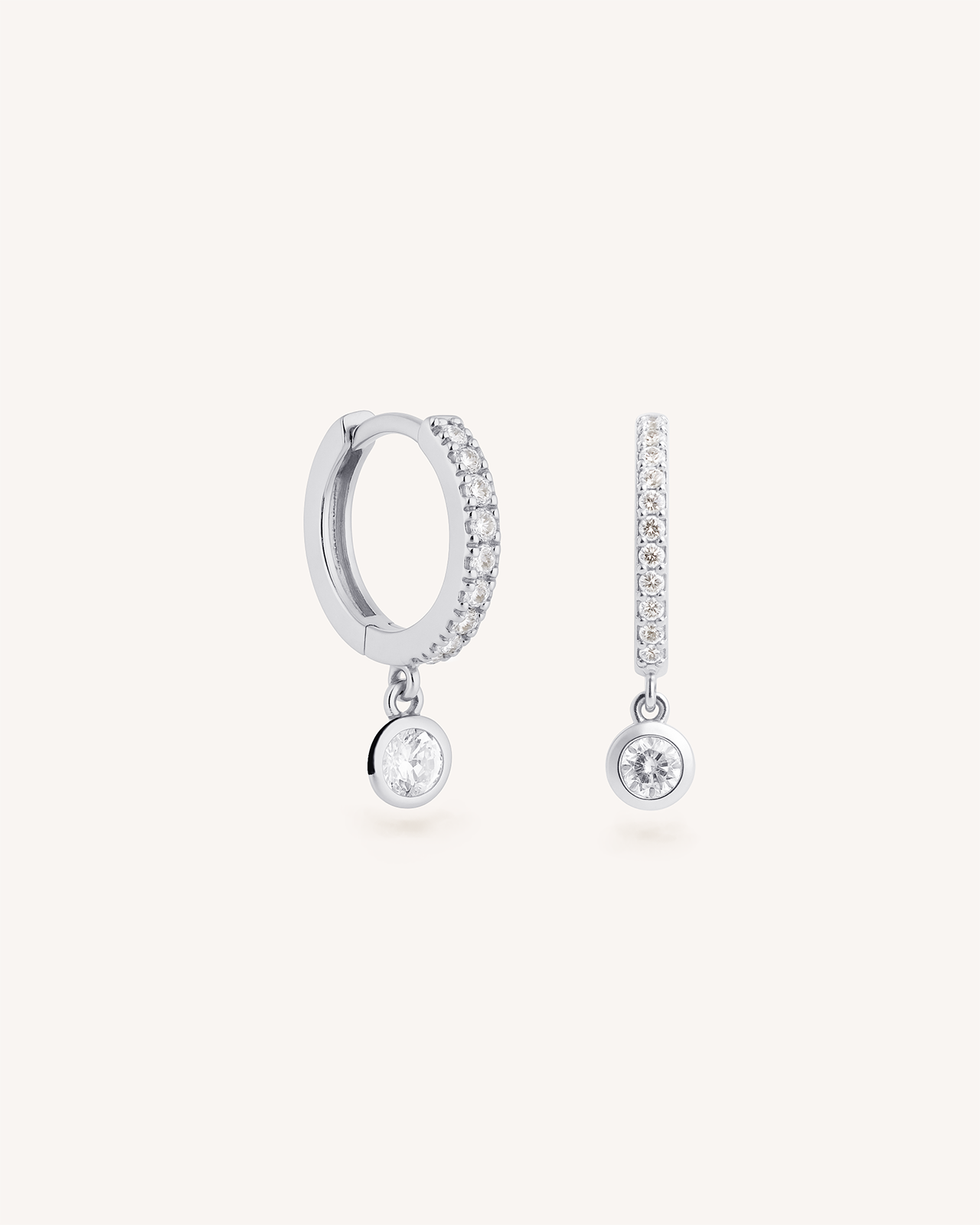 Solitaire Pave Dangle Huggie Hoops in Silver