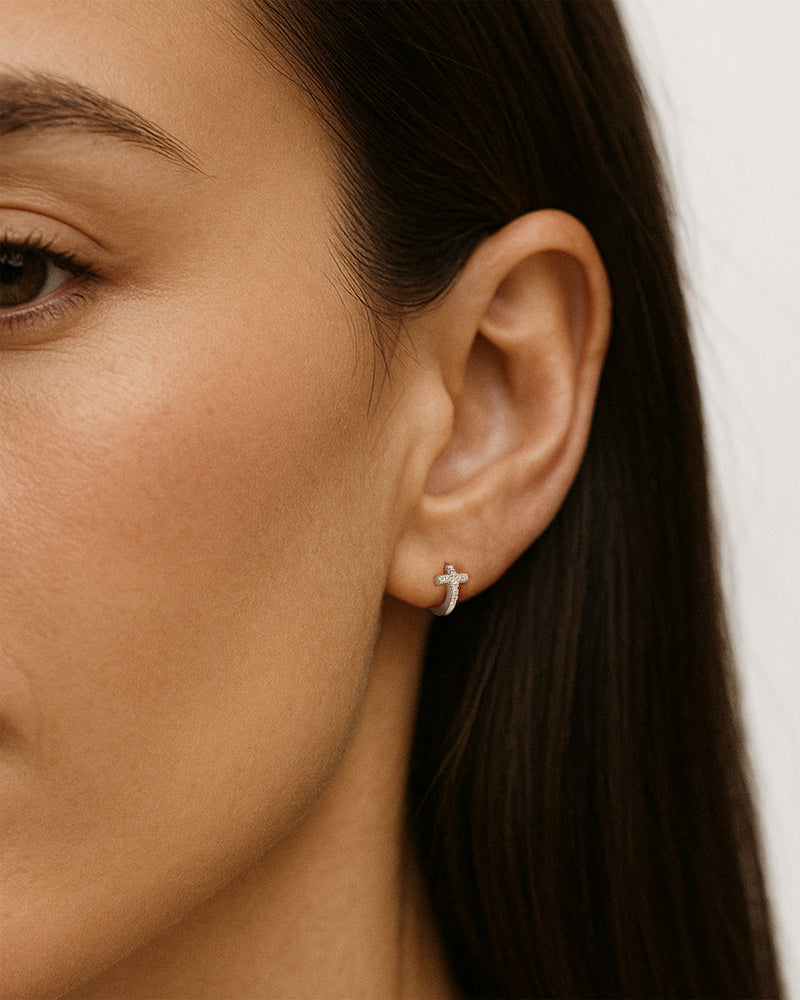 Pave Cross Huggie Hoops