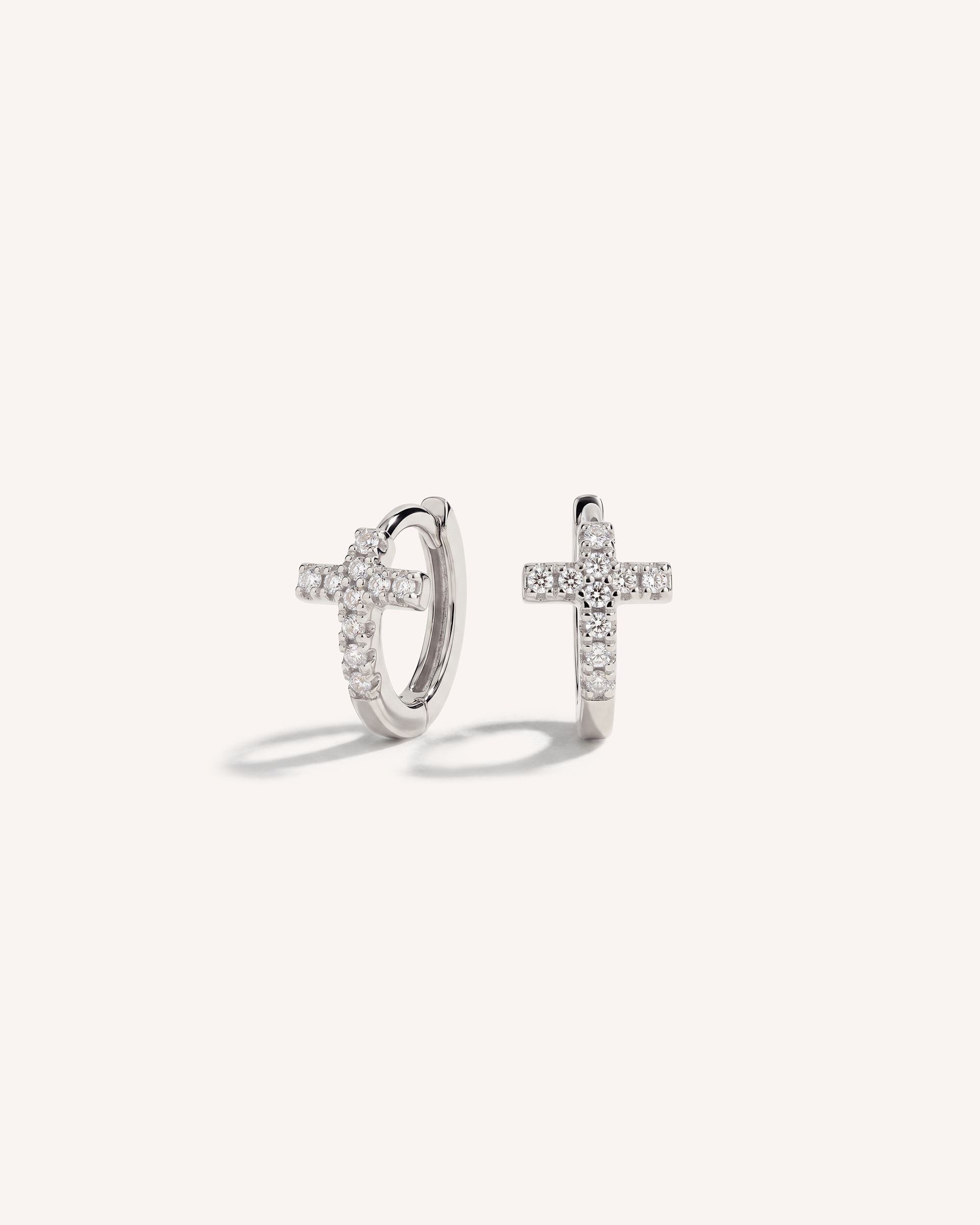 Pave Cross Huggie Hoops in Silver