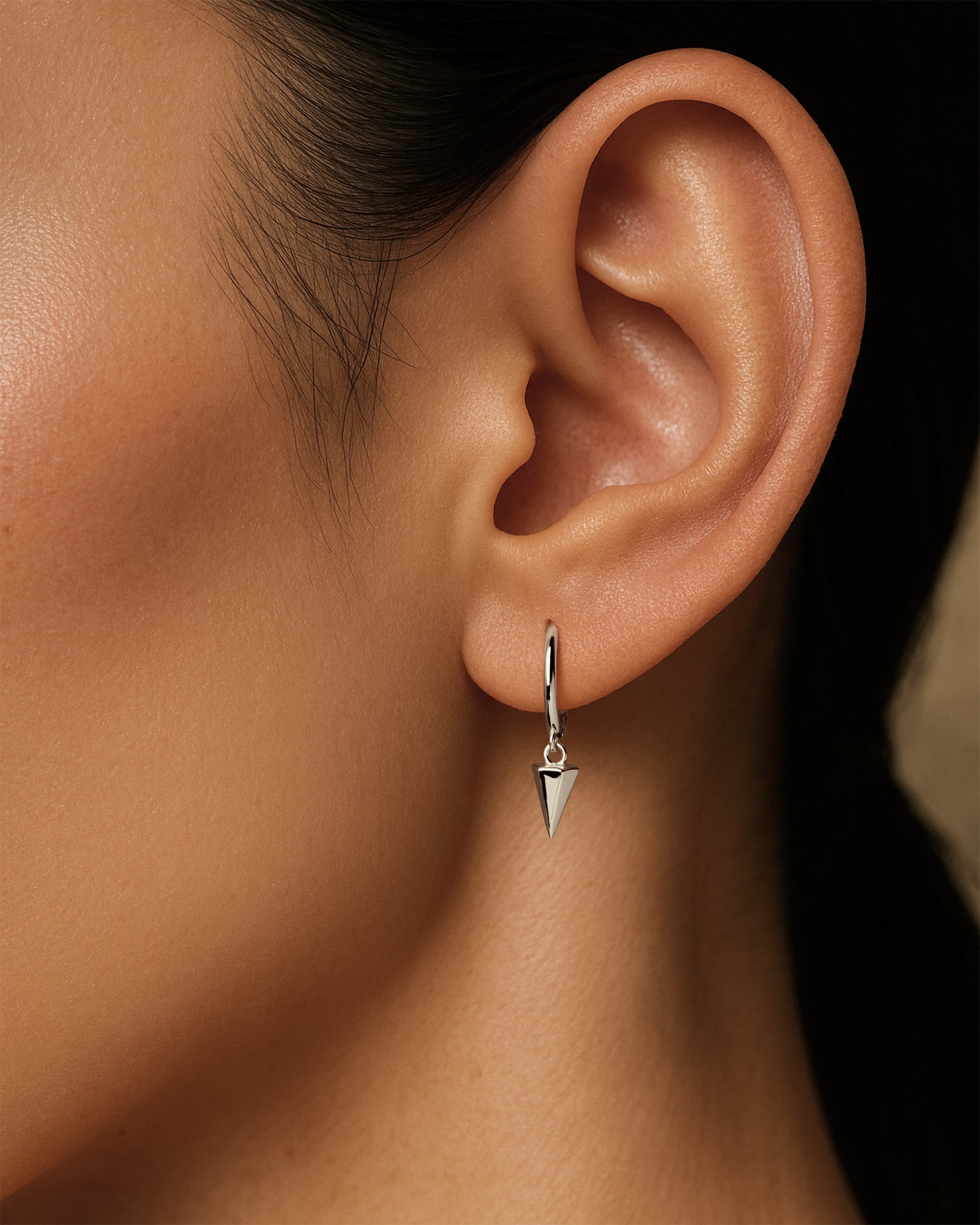 Pyramid Dangle Huggie Hoops in Silver — alternate view