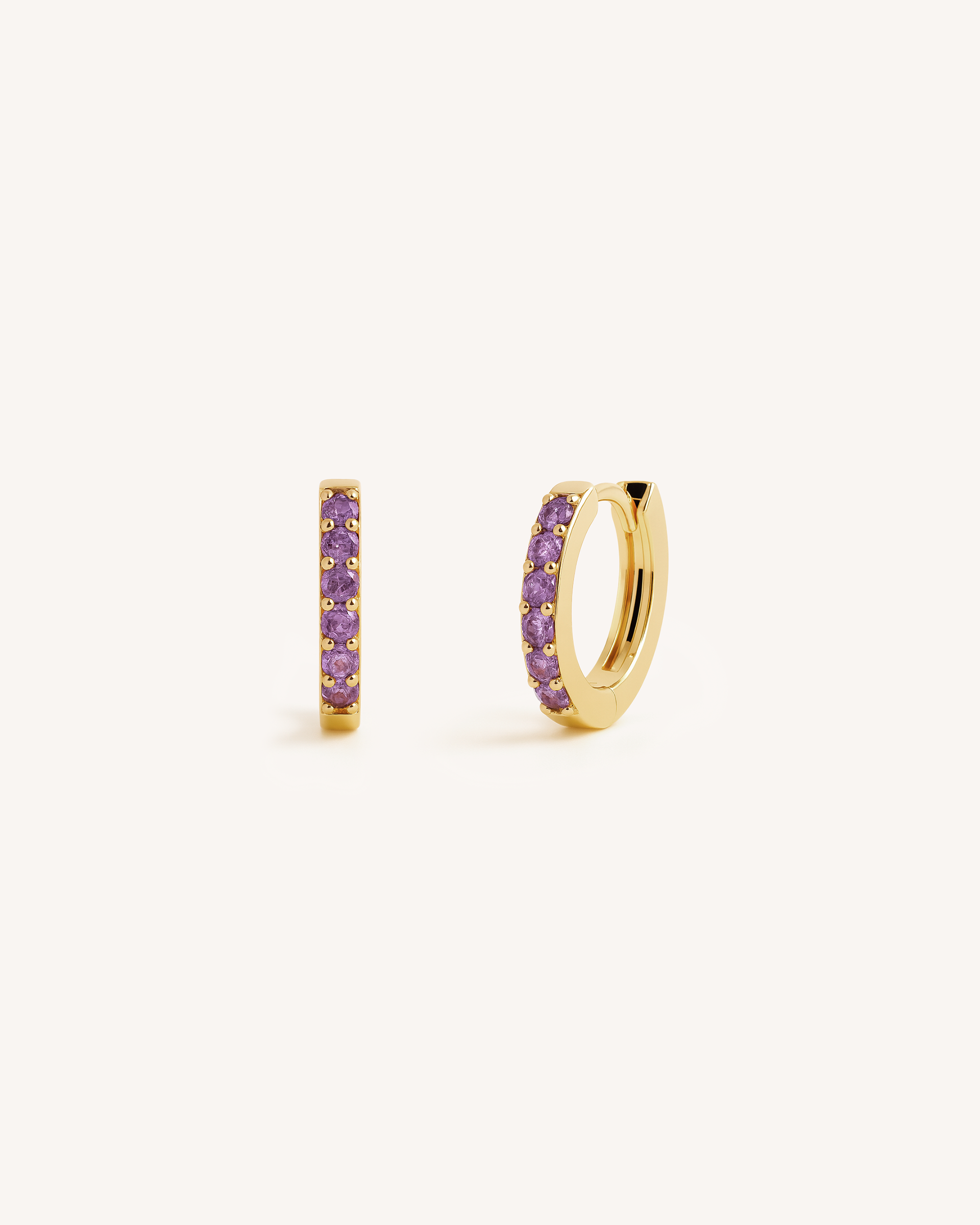 Mini Pave Huggie Hoops in Gold — Amethyst