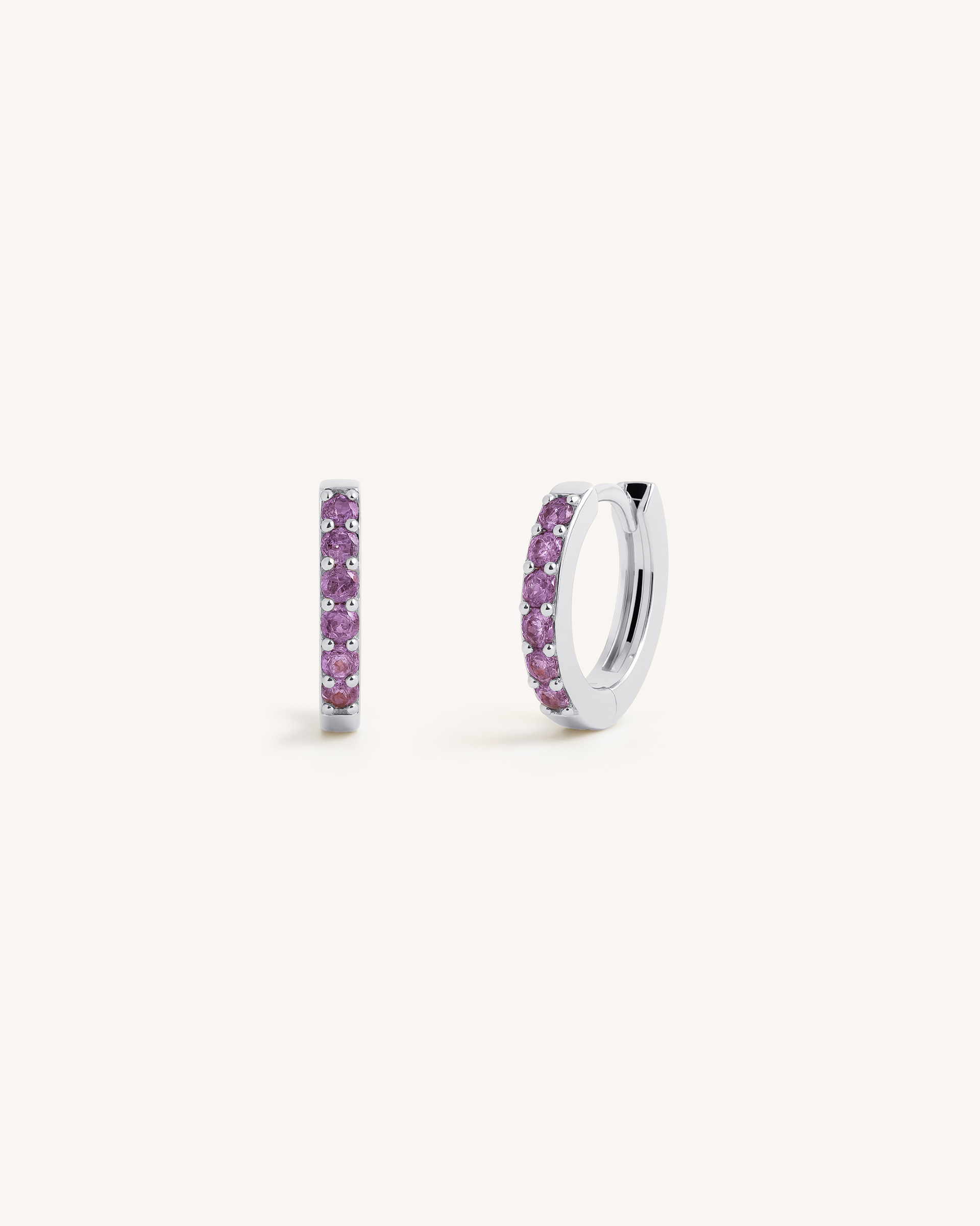 Mini Pave Huggie Hoops in Silver — Amethyst