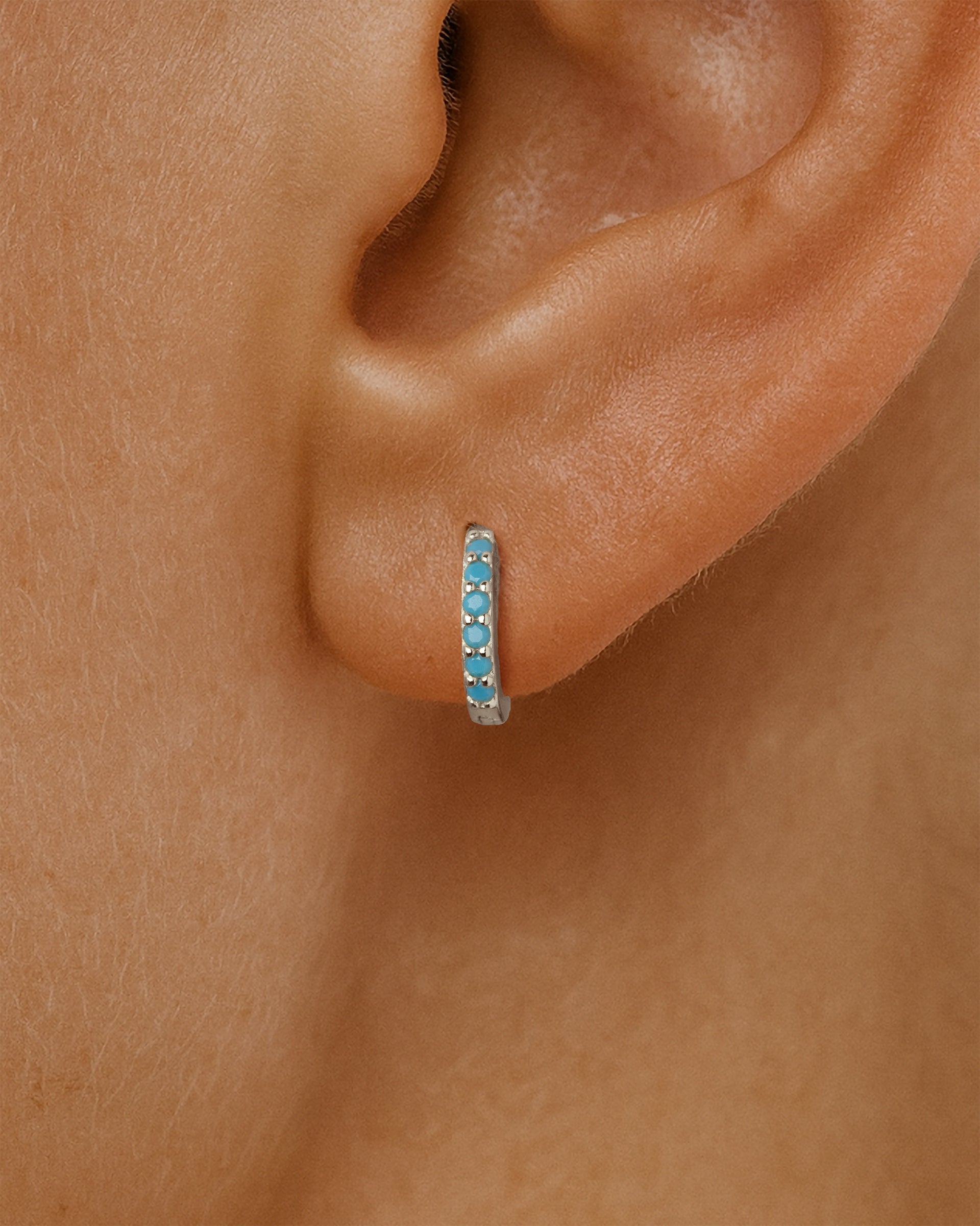 Mini Pave Huggie Hoops in Silver — Turquoise — alternate view