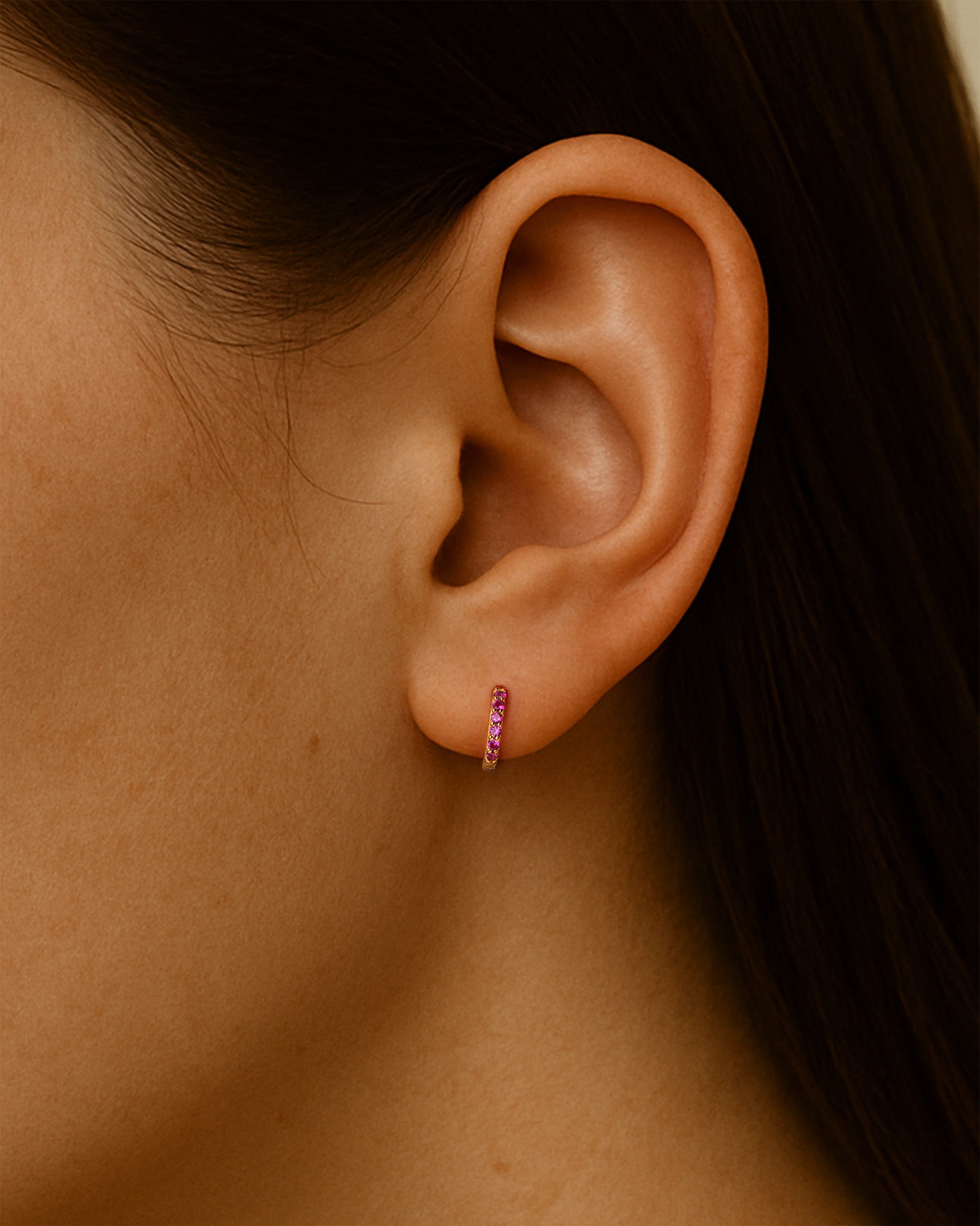 Mini Pave Huggie Hoops in Gold — Ruby — alternate view