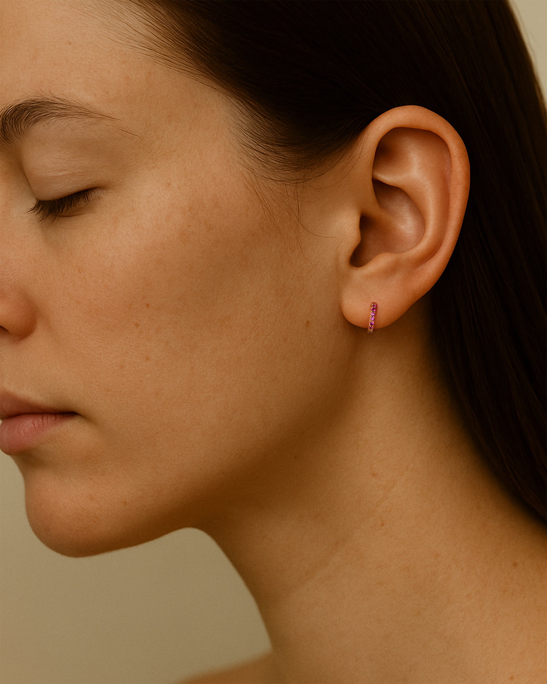 Mini Pave Huggie Hoops in Gold — Ruby — alternate view